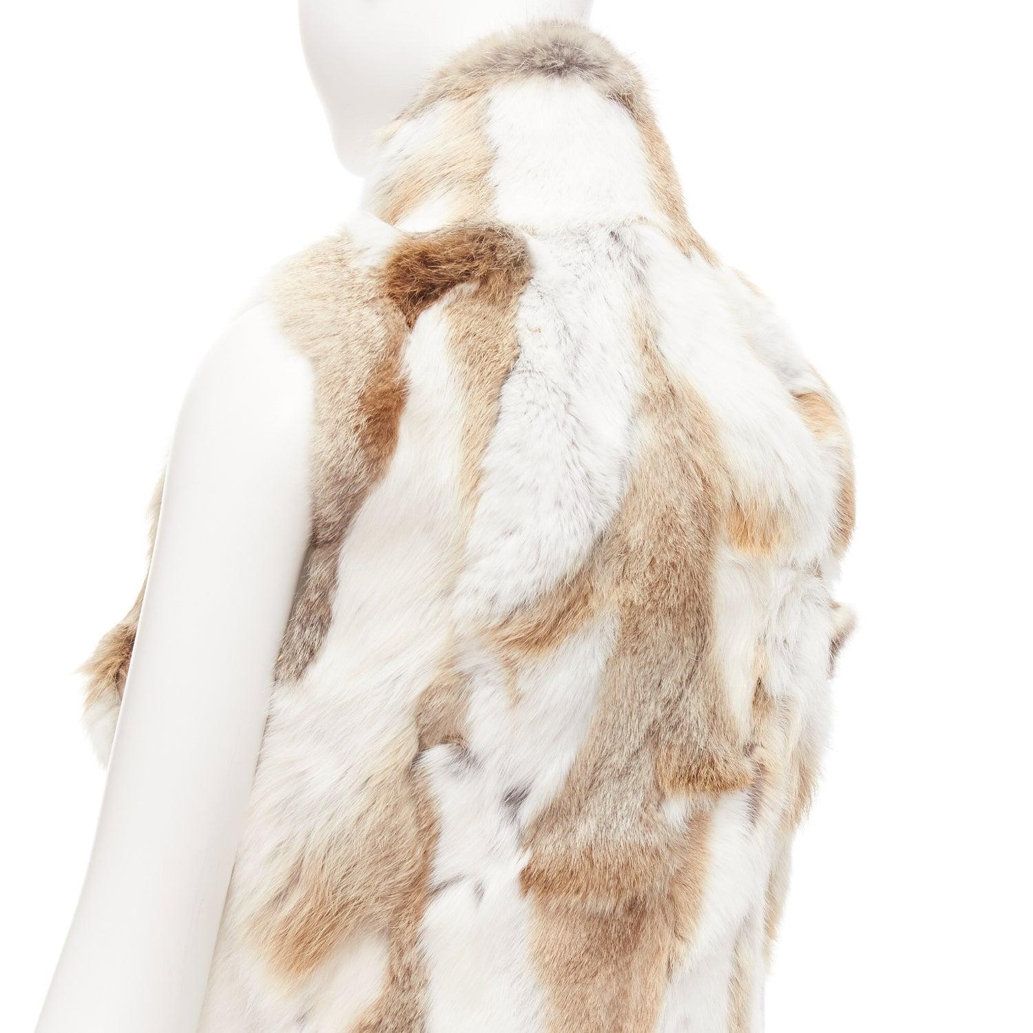 EAVES brown white rabbit fur patchwork hi neck sleeveless vest jacket S For Sale 3