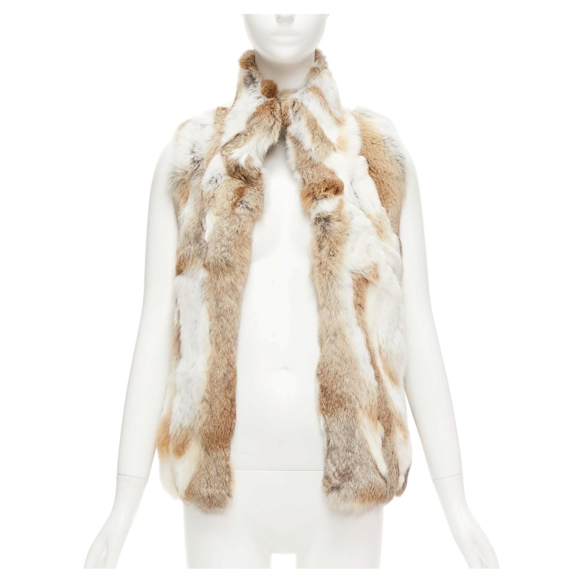 EAVES brown white rabbit fur patchwork hi neck sleeveless vest jacket S For Sale