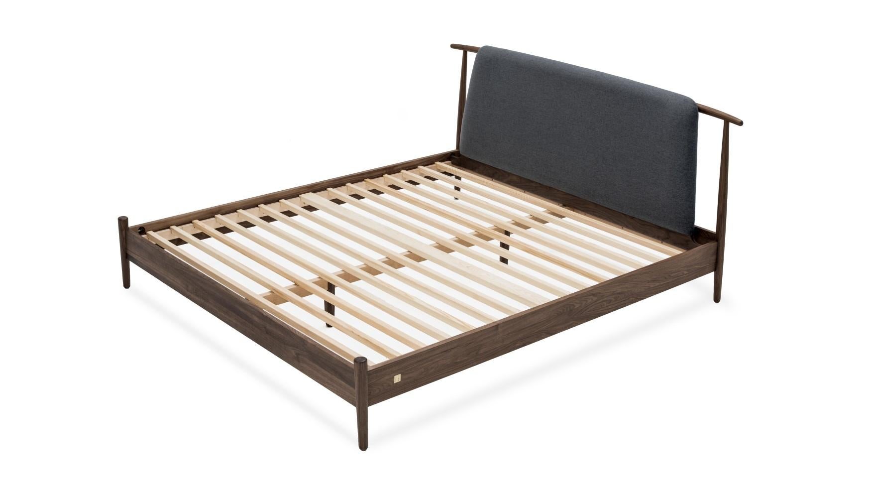 Hand-Crafted Eaves Walnut Upholstered Bed Frame For Sale