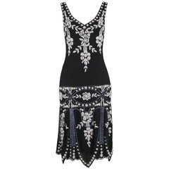 Eavis and Brown Vintage 1920s Art Deco Style Hand Beaded Silk Party Dress, 1980s