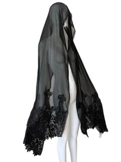 EAVIS & BROWN 90's Vintage Black Silk Hand Embroidered Oversized Shawl Veil Wrap
