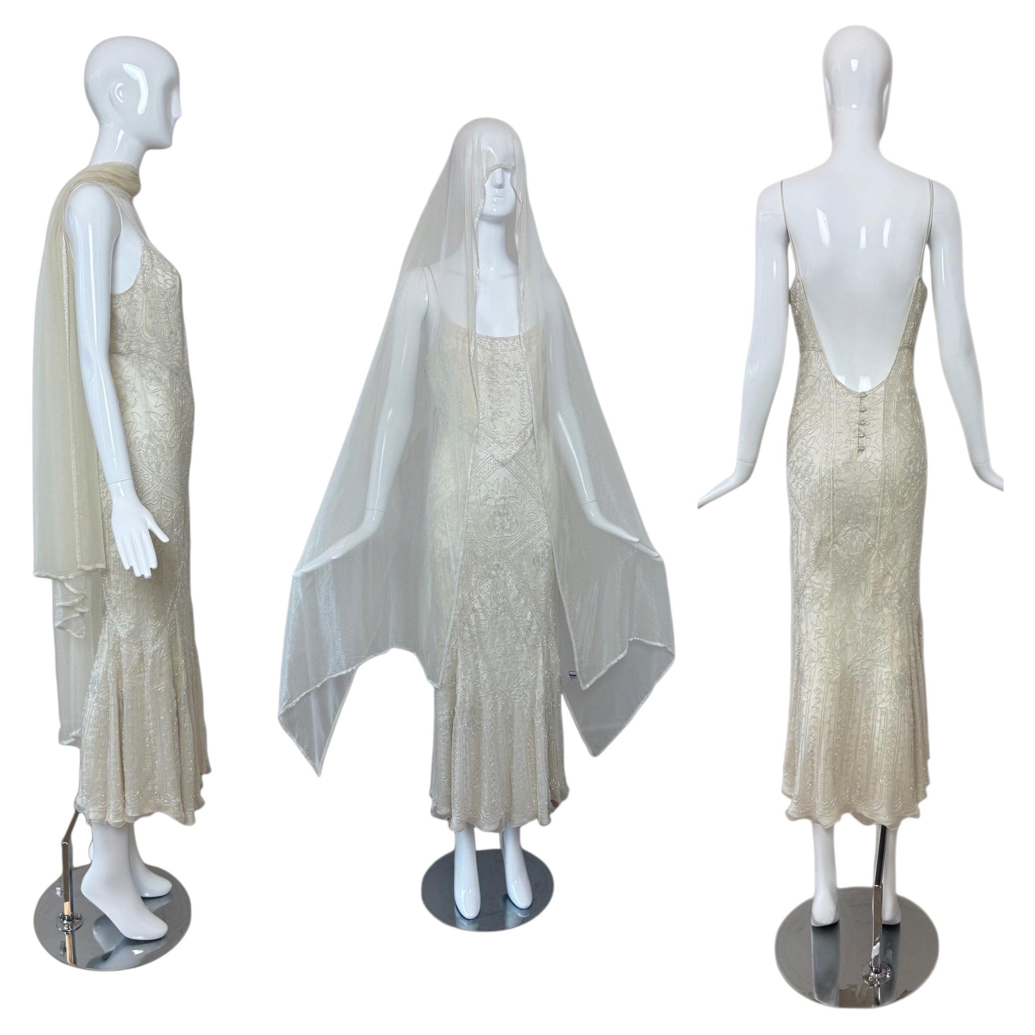 EAVIS & BROWN 90's Vintage Couture Silk Beaded Wedding Gown Bridal Dress Shawl