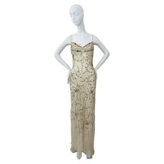 Eavis & Brown – Vintage-Maxikleid aus schillerndem, beigem Seidenstoff mit Blumenstickerei aus den 90er Jahren