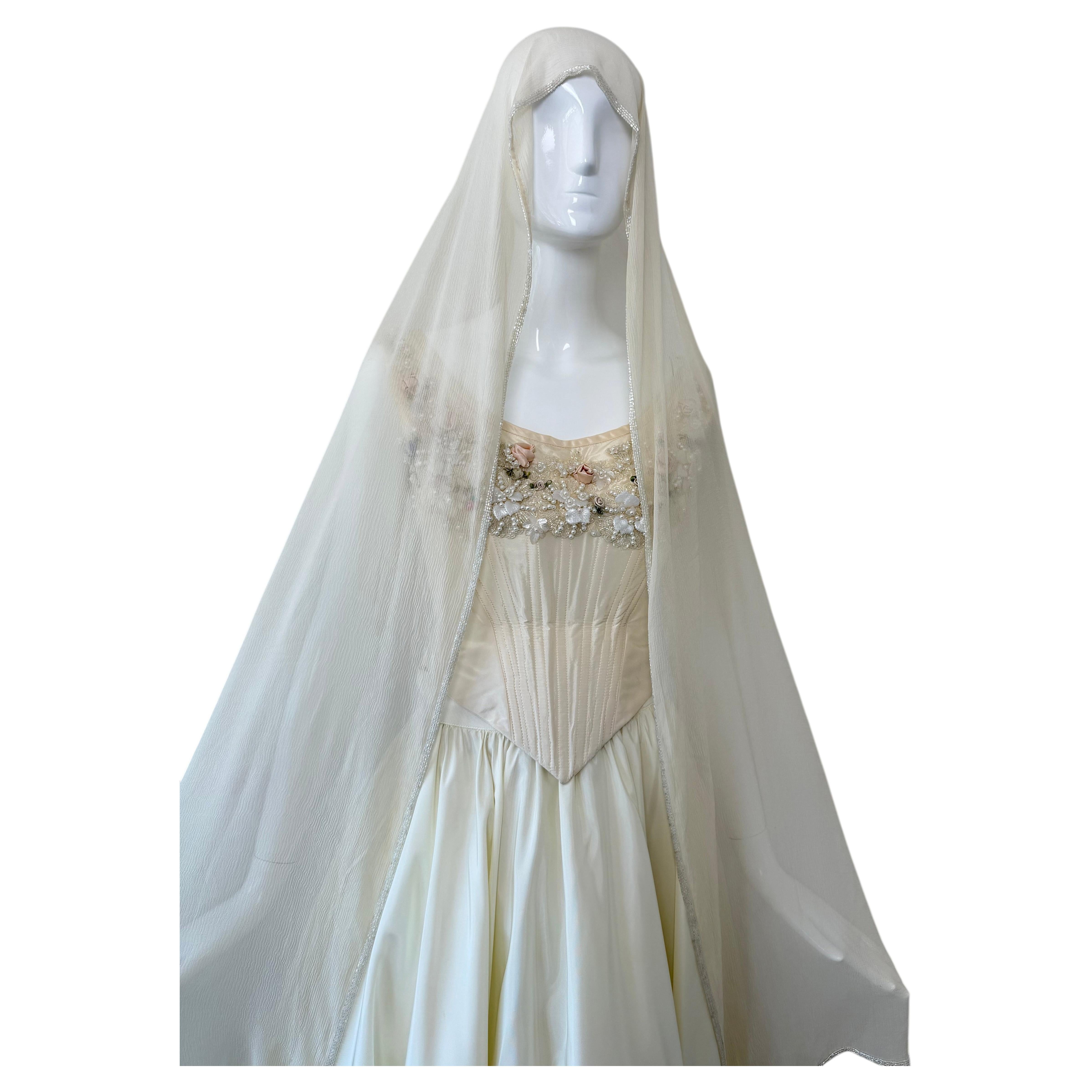 EAVIS & BROWN 90's Vintage Ivory Beige Silk Chiffon Shawl w. Iridescent Beads For Sale