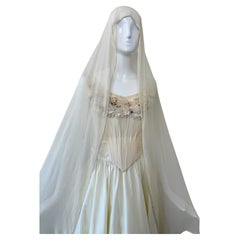 EAVIS & BROWN 90's Vintage Ivory Beige Silk Chiffon Shawl w. Iridescent Beads