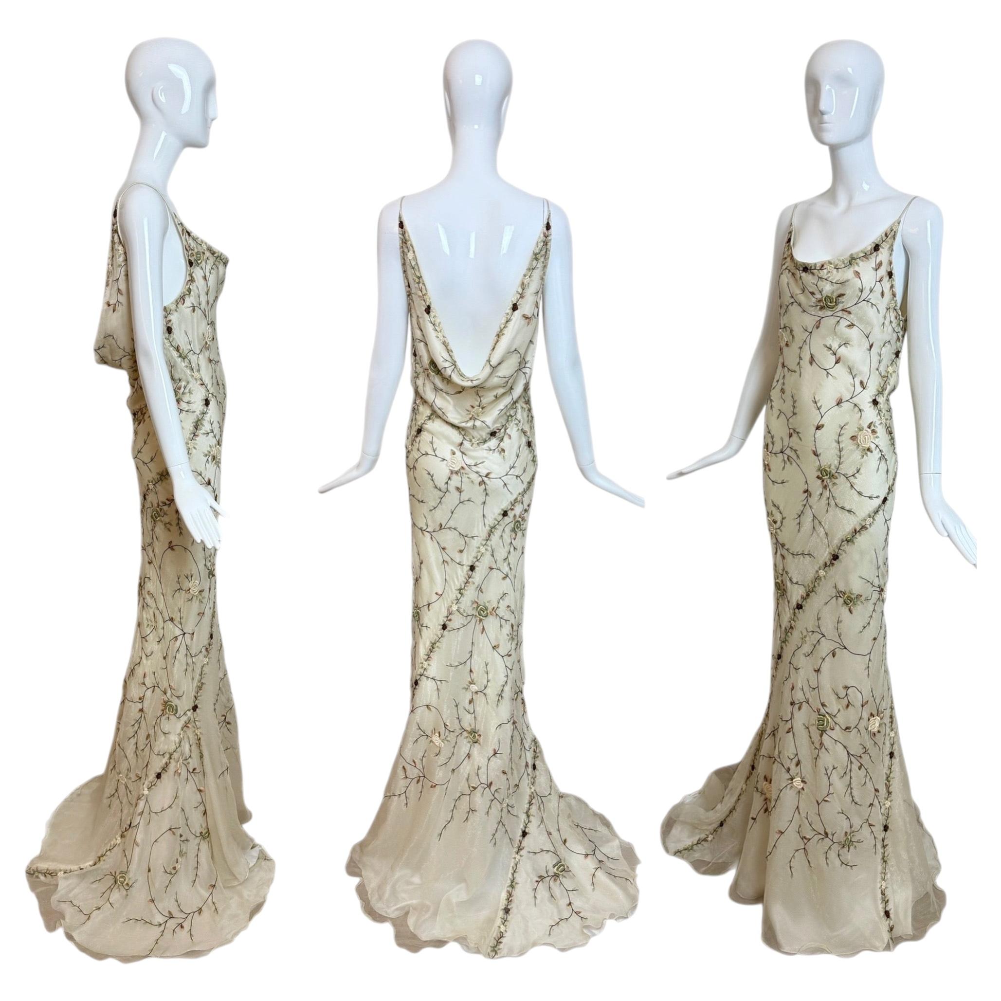 EAVIS & BROWN 90's Vintage Silk Embroidered Cowl Backless Evening Gown Maxi