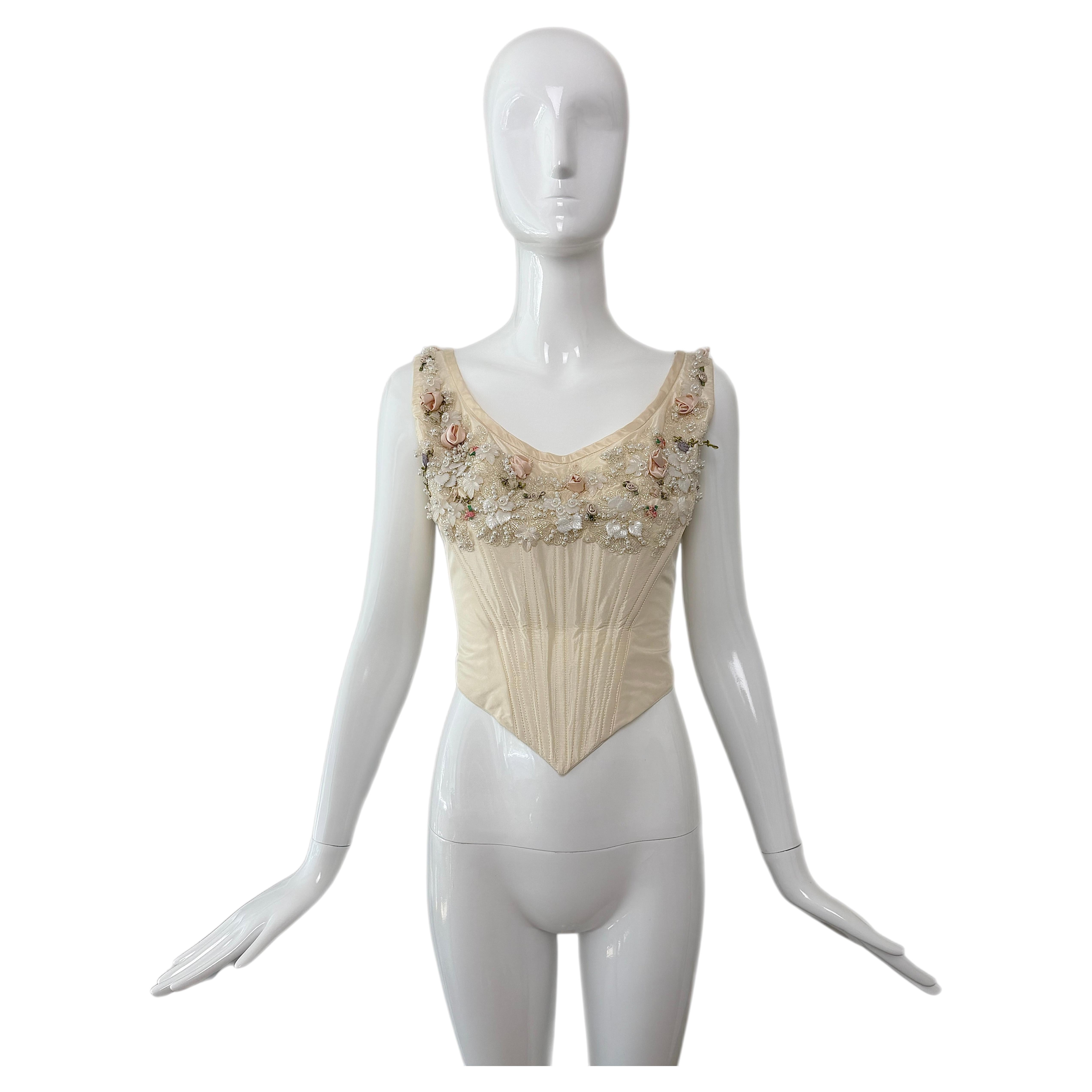EAVIS & BROWN 90's Vintage Vanilla Silk Embellished Hard Boned Bridal Corset