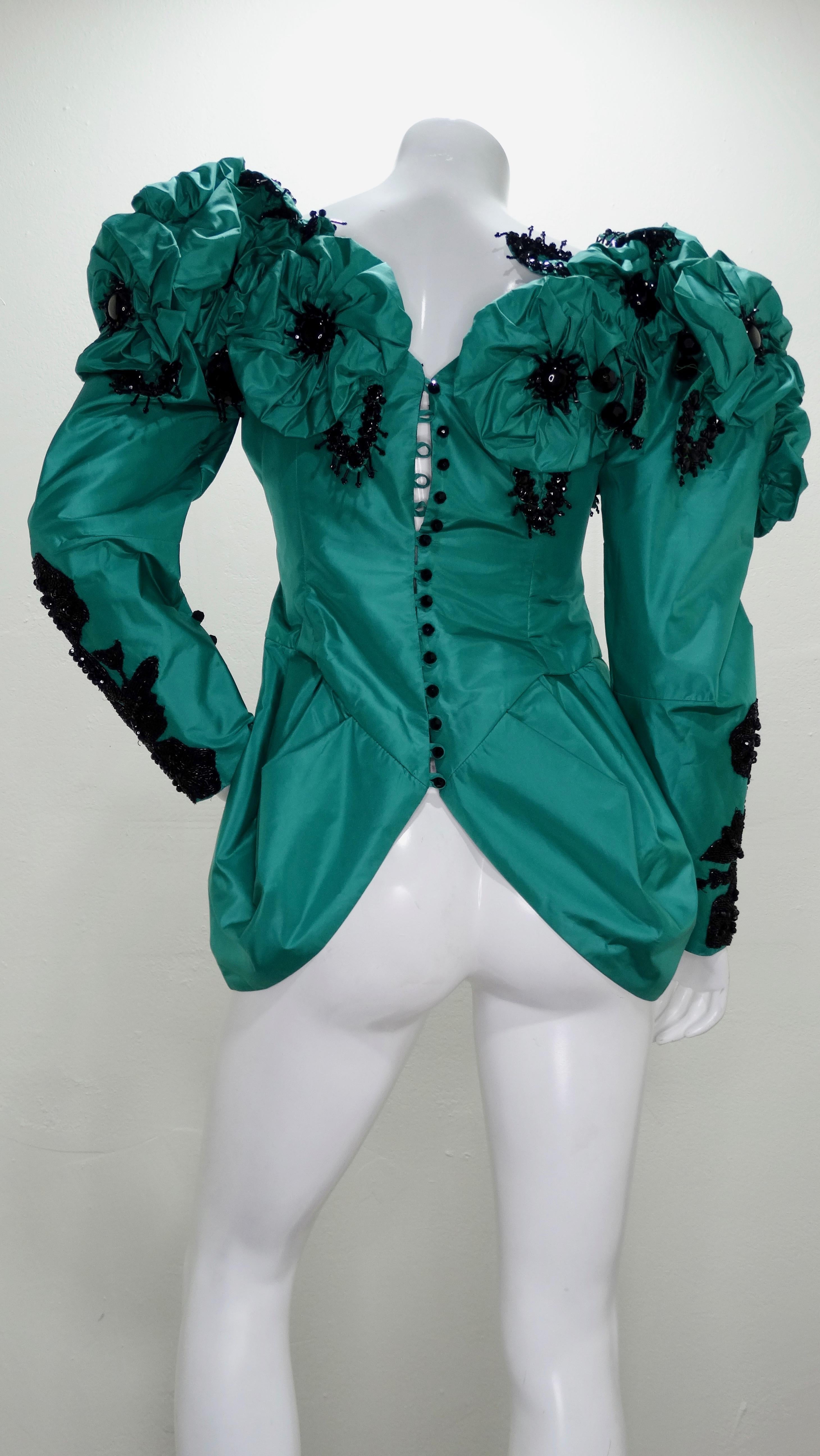 Eavis & Brown Embellished Green Silk Victorian Blouse  For Sale 3