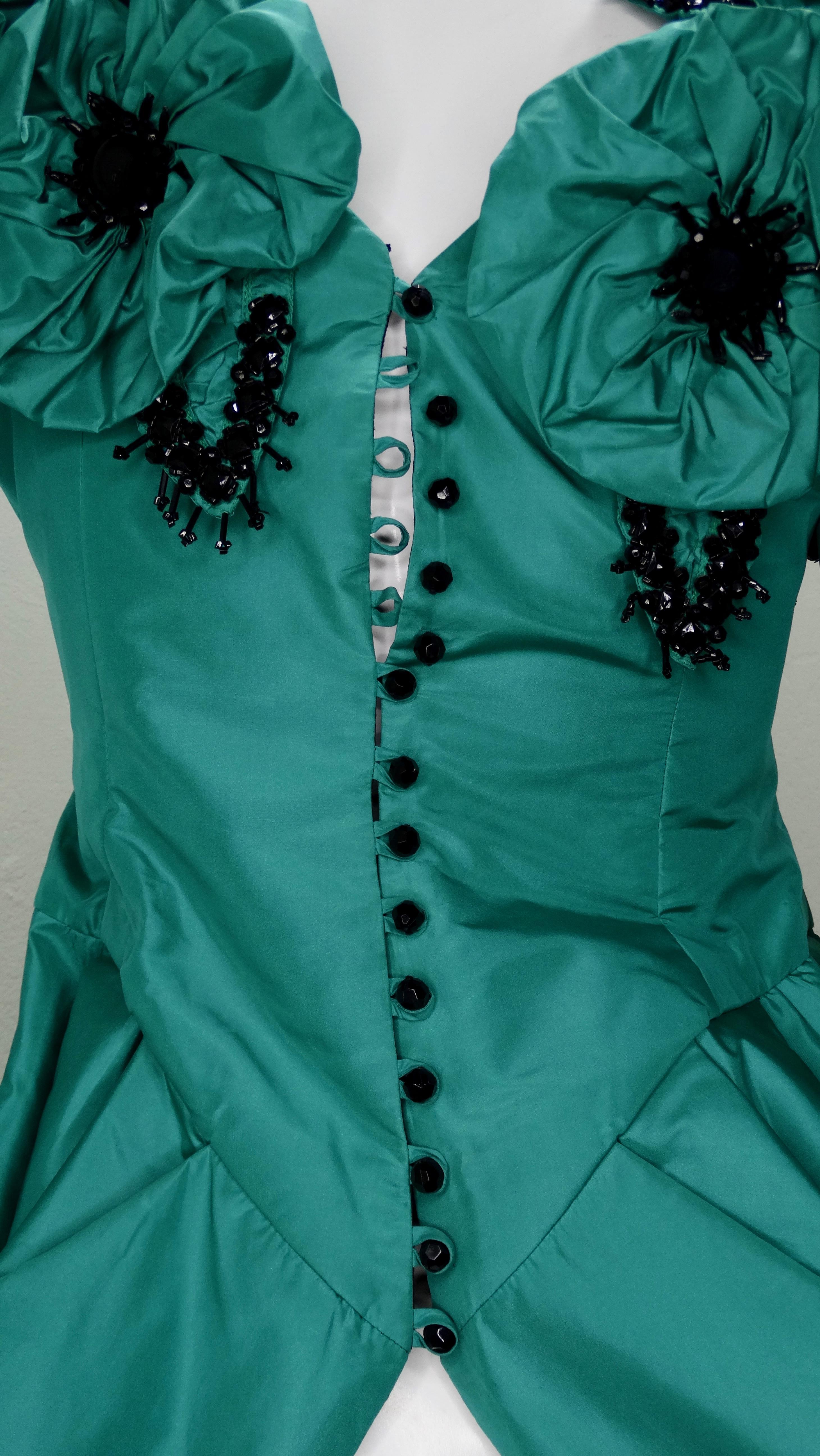 Eavis & Brown Embellished Green Silk Victorian Blouse  For Sale 6