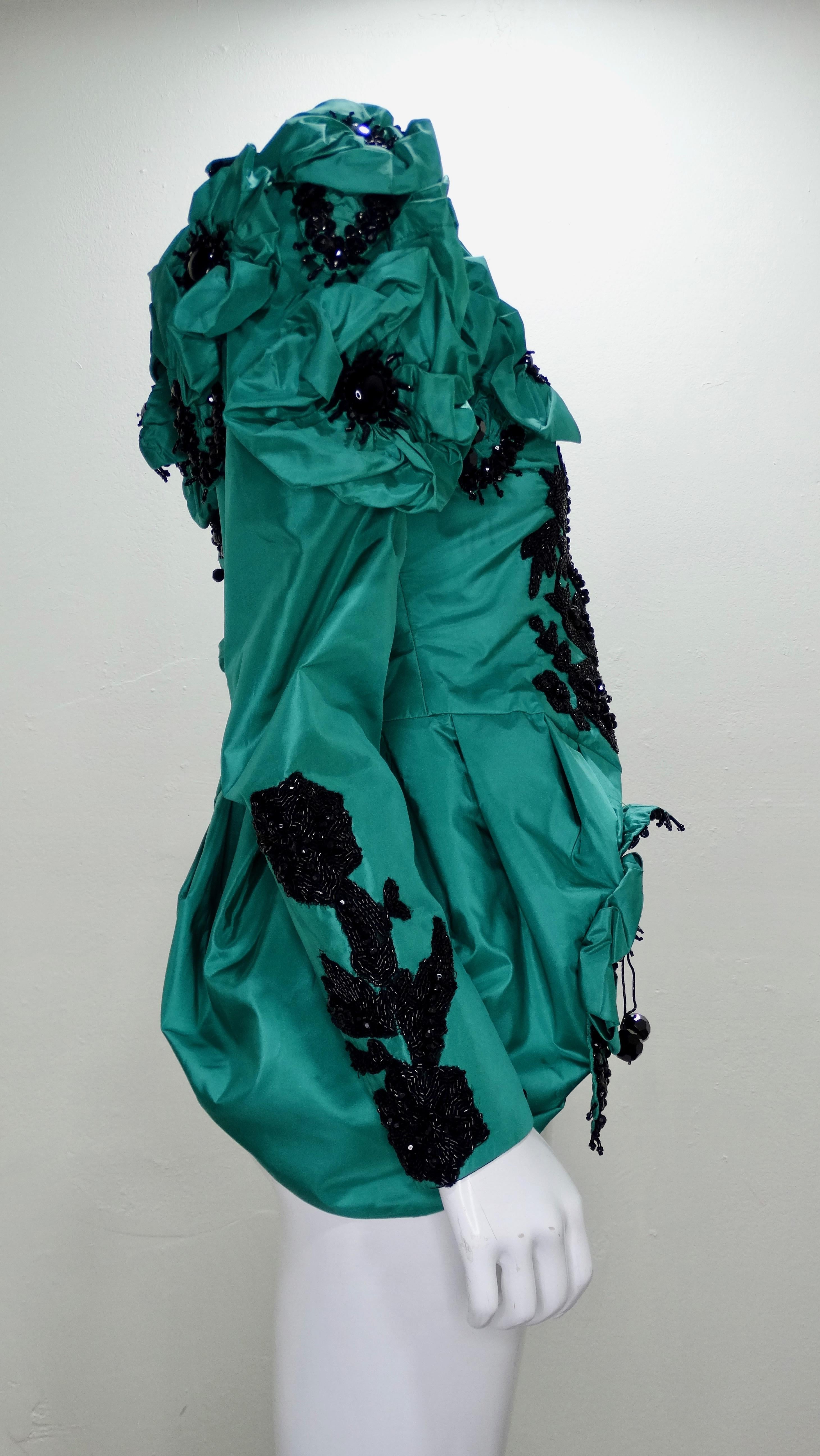 Blue Eavis & Brown Embellished Green Silk Victorian Blouse  For Sale