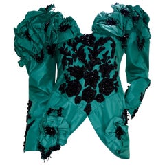 Retro Eavis & Brown Embellished Green Silk Victorian Blouse 