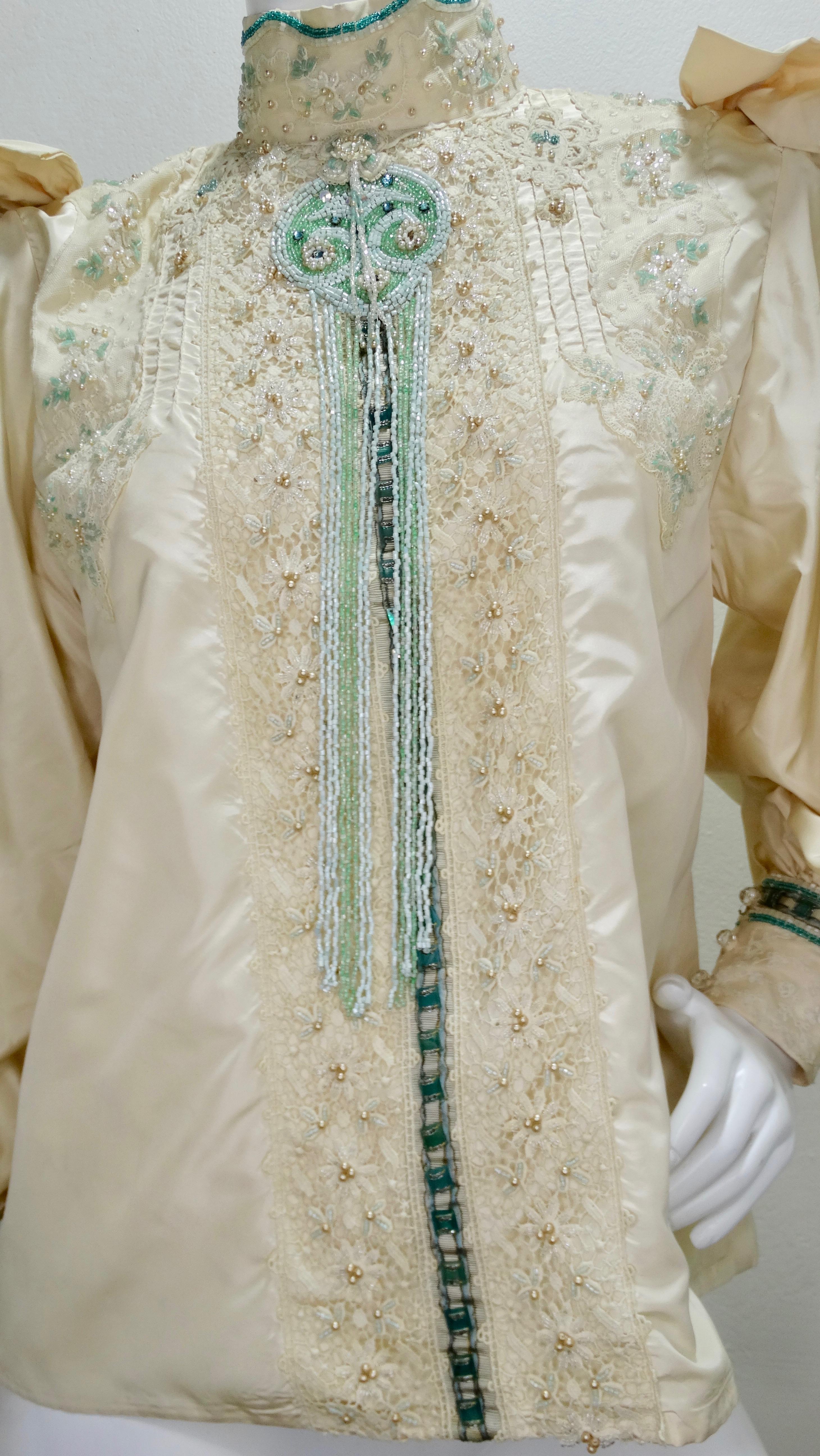 Beige Eavis & Brown Embellished Victorian Blouse  For Sale