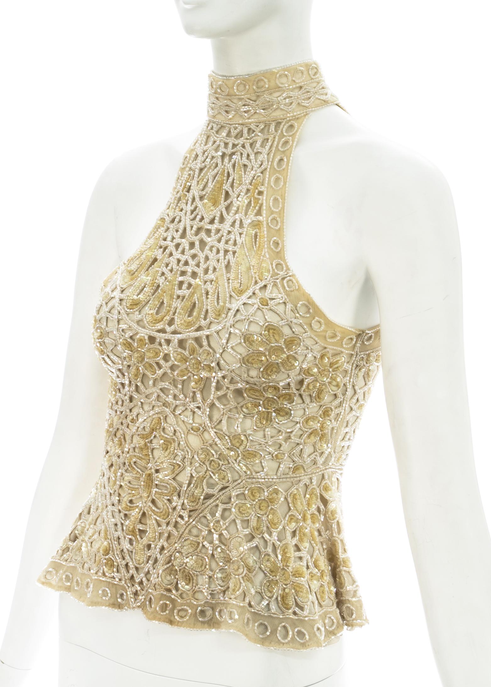 Women's Eavis & Brown ivory beaded and sequin net halter neck evening blouse, c. 1990s