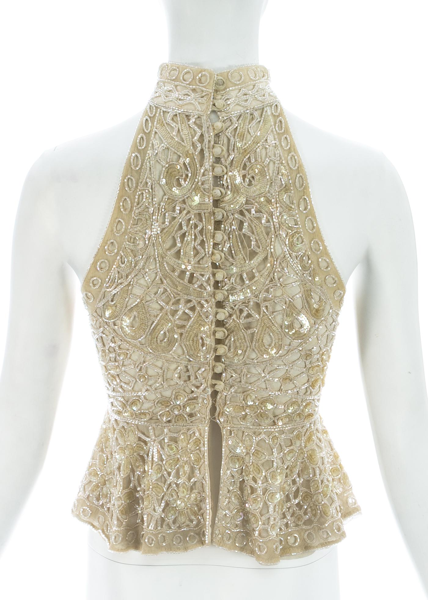 Eavis & Brown ivory beaded and sequin net halter neck evening blouse, c. 1990s 1