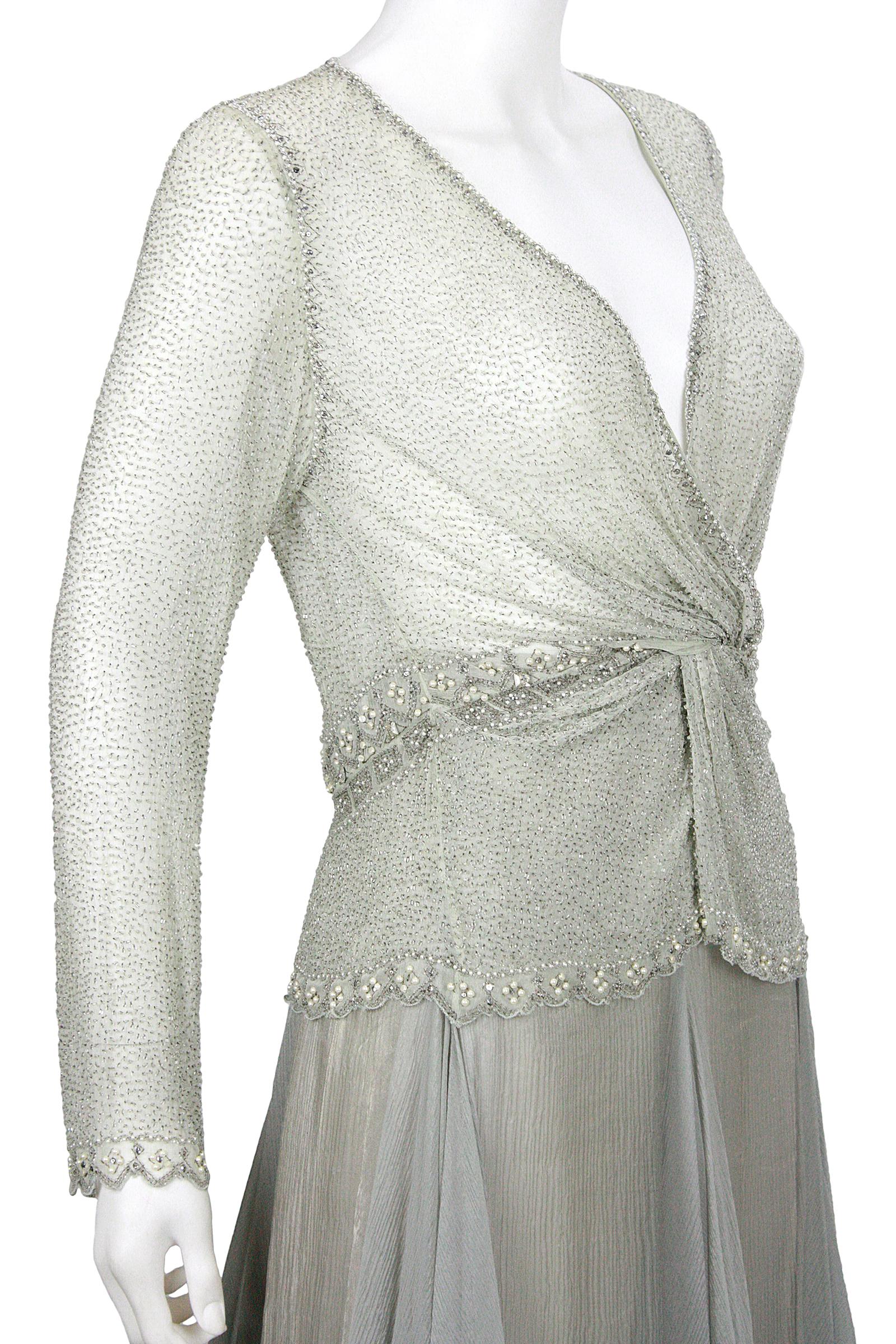 Women's Eavis & Brown London Seafoam Chiffon Beaded Top and Long Silver Skirt  For Sale