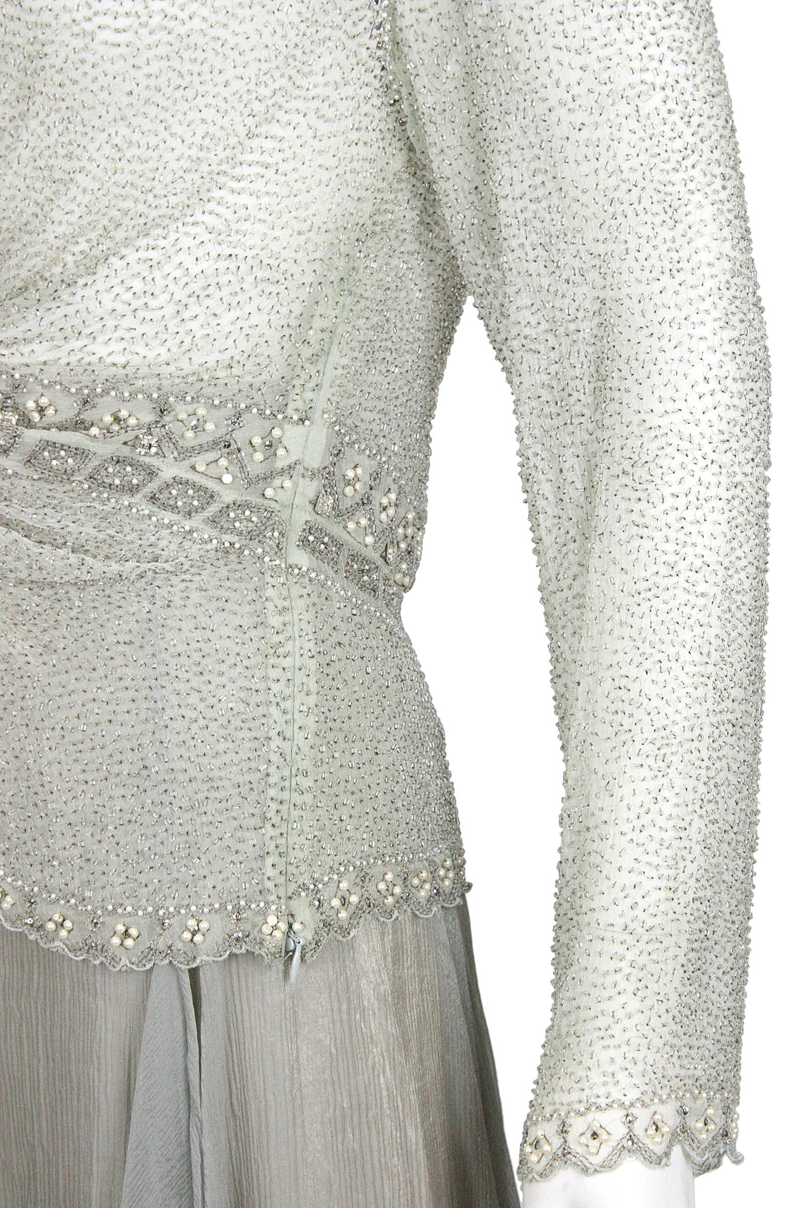 Eavis & Brown London Seafoam Chiffon Beaded Top and Long Silver Skirt  For Sale 1