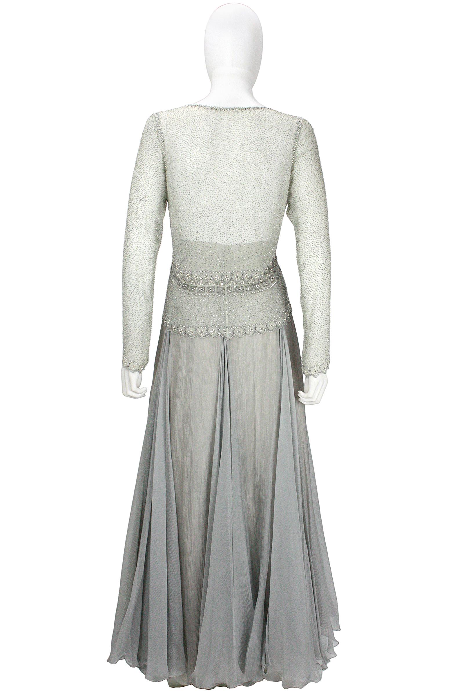 Eavis & Brown London Seafoam Chiffon Beaded Top and Long Silver Skirt  For Sale 2