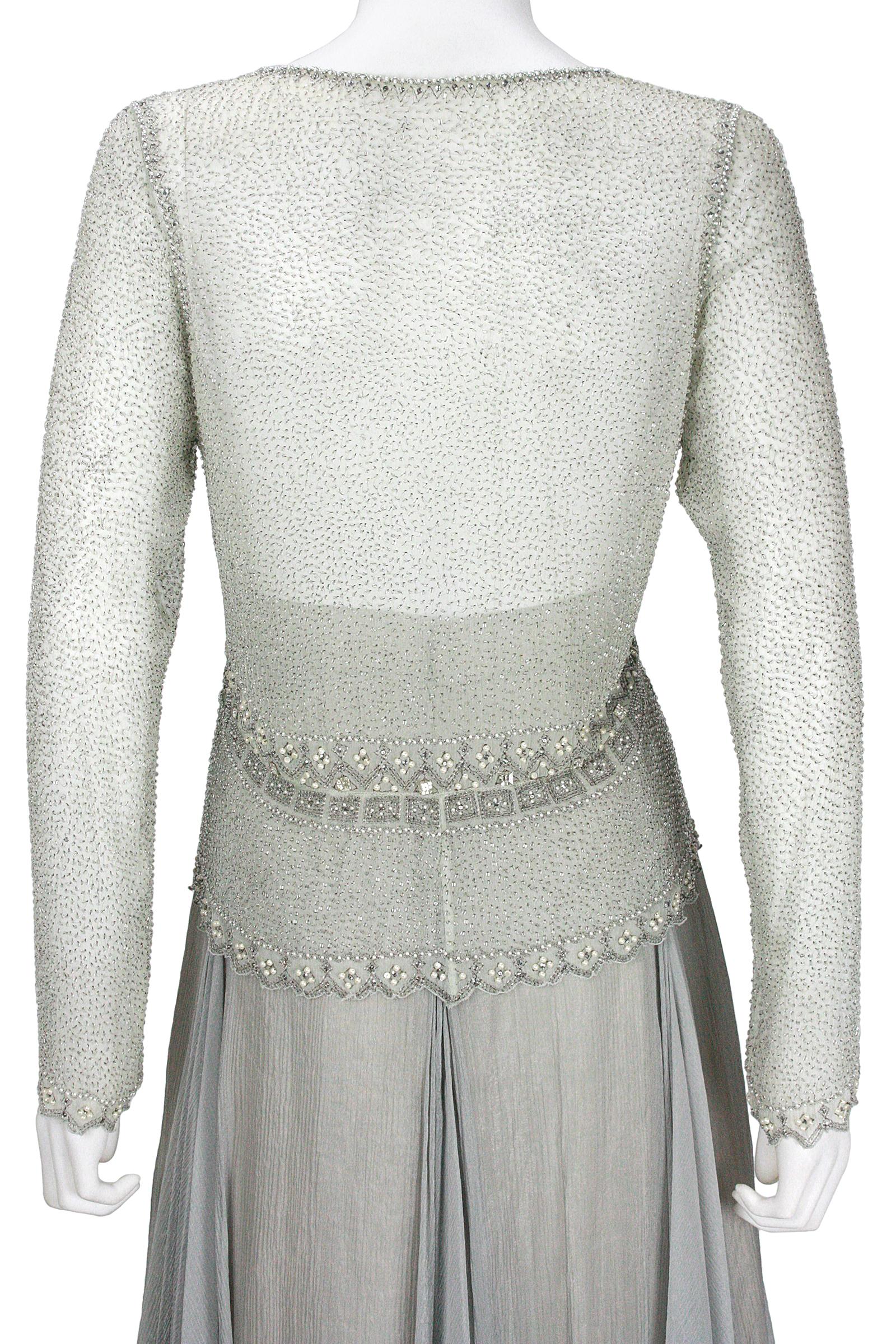 Eavis & Brown London Seafoam Chiffon Beaded Top and Long Silver Skirt  For Sale 3