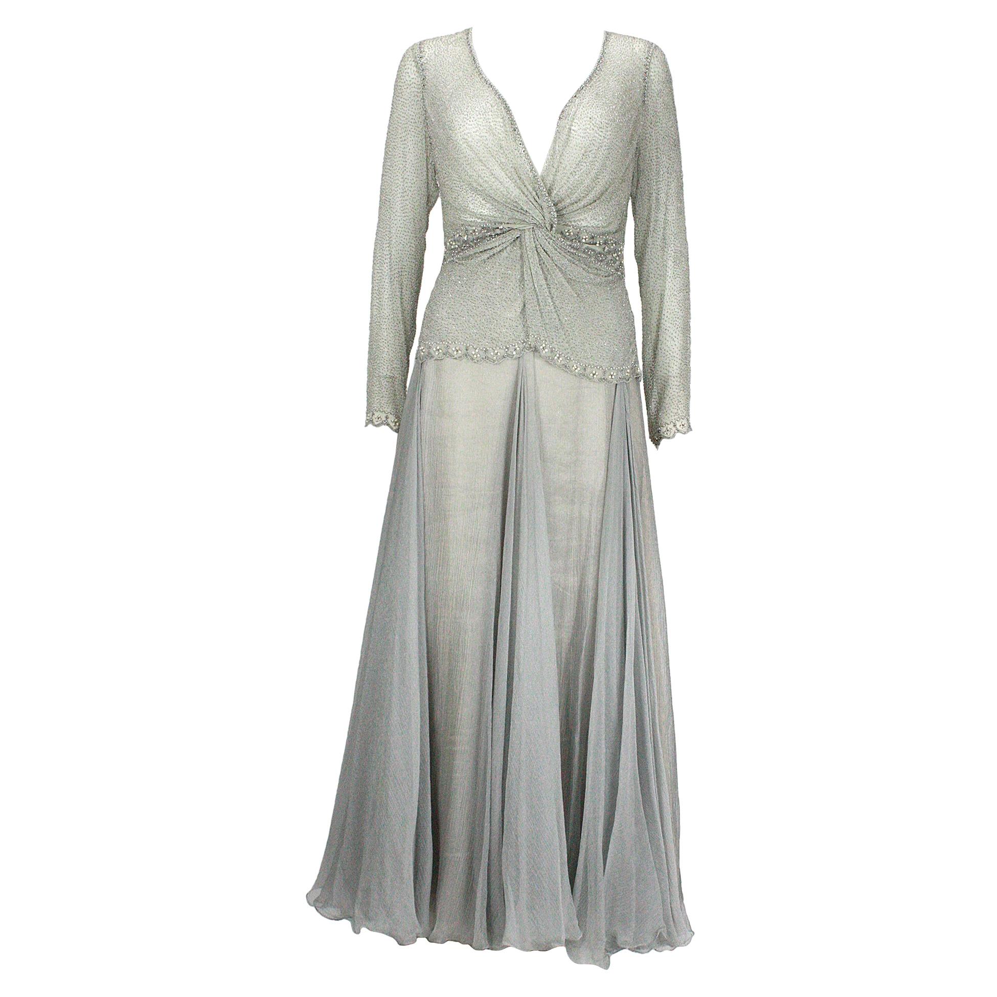 Eavis & Brown London Seafoam Chiffon Beaded Top and Long Silver Skirt  For Sale