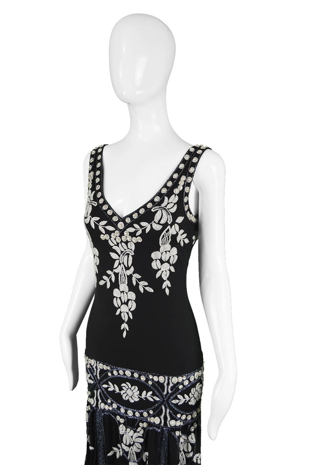 Black Eavis & Brown Vintage 1920s Art Deco Style Hand Beaded Silk Party Dress, 1980s