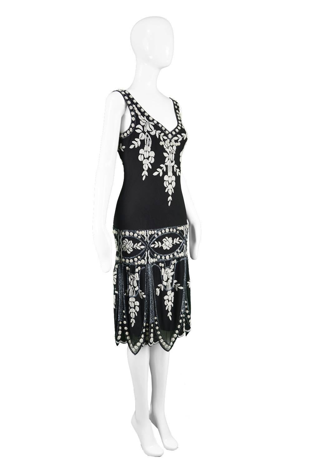 Eavis & Brown Vintage 1920s Art Deco Style Hand Beaded Silk Party Dress, 1980s 1