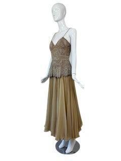 EAVIS & BROWN Vintage Silk Pearl Embellished Tea Length Gown w. Silk Shawl