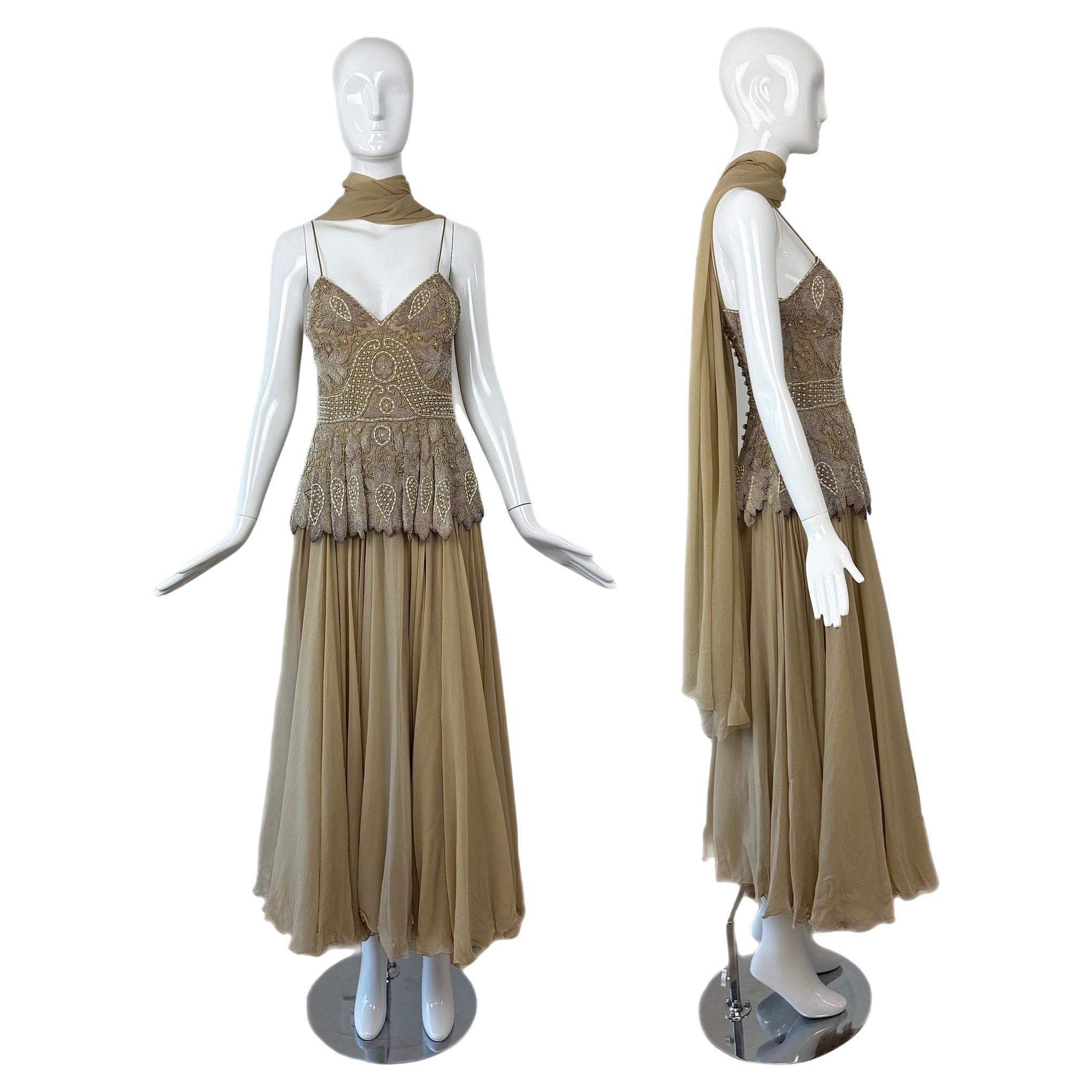 EAVIS & BROWN Vintage Silk Pearl Embellished Tea Length Gown w. Silk Shawl