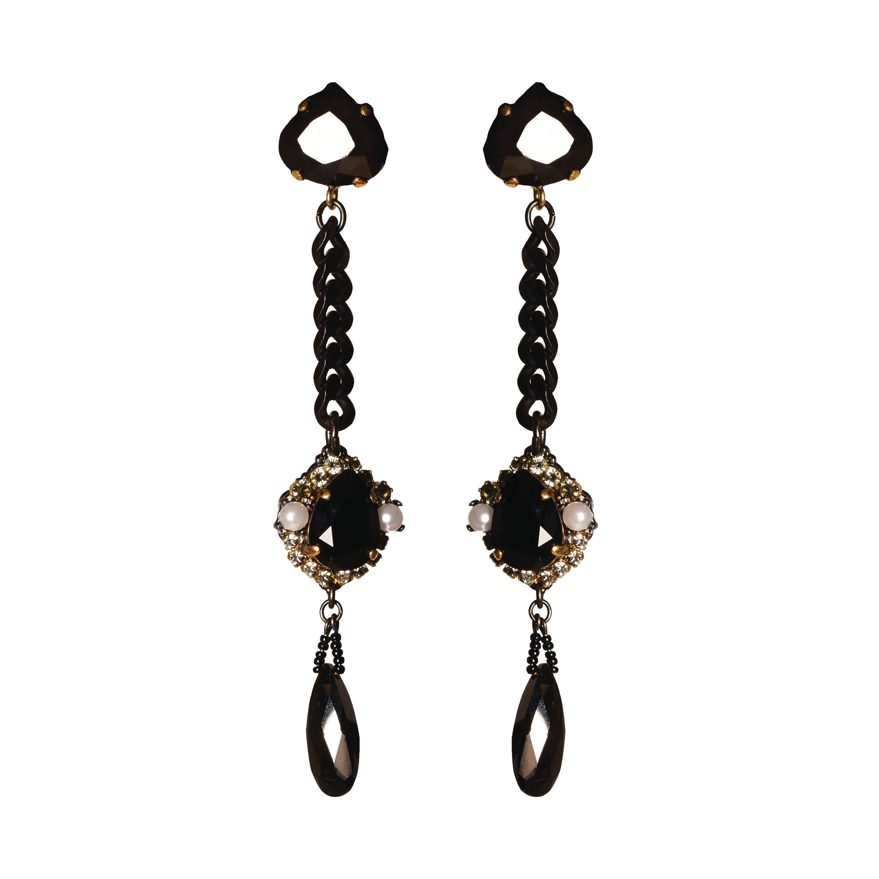 EB Black Stone Chain Dangle Earrings For Sale