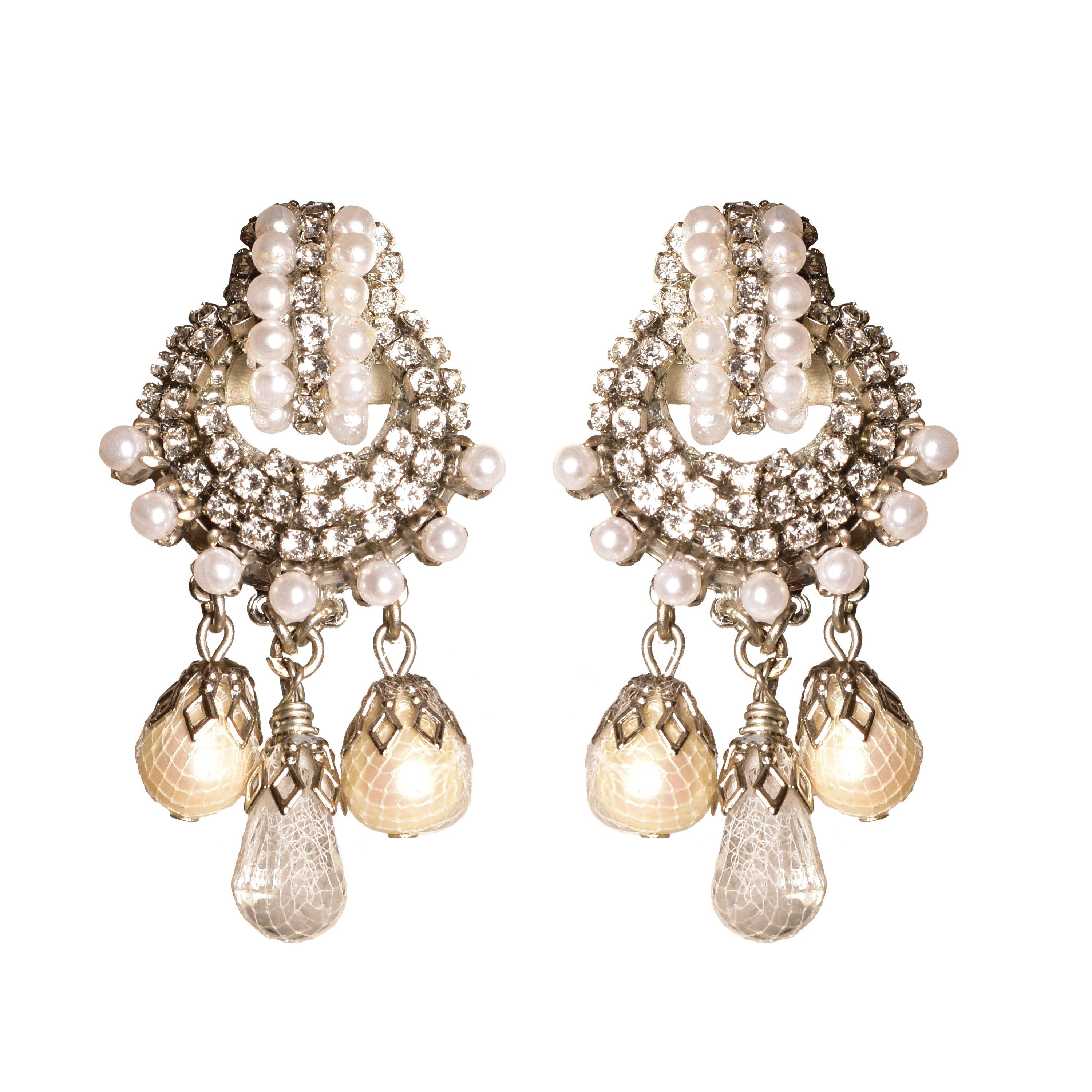 EB Pearl and Crystal Rhinestone Silver Earrings For Sale