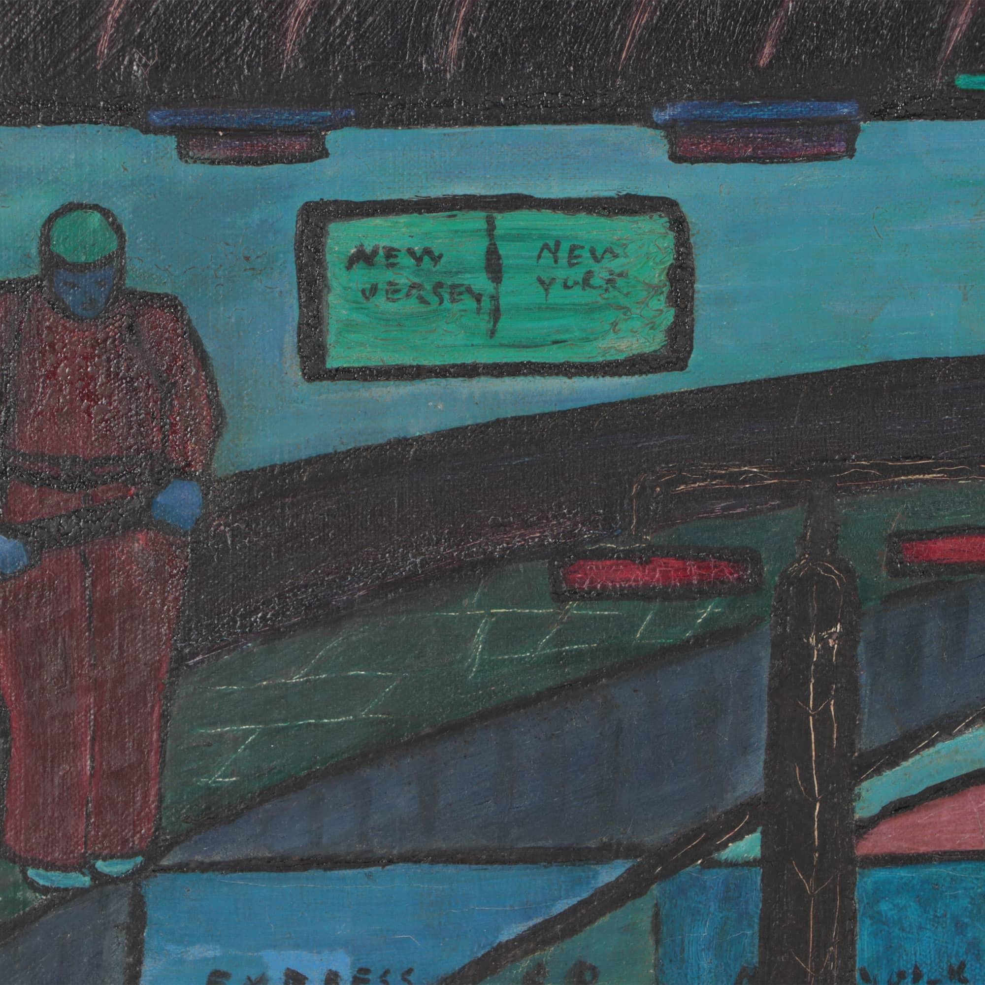 E.B. Savage, New Jersey / New York city street scene, peinture à l'huile sur toile signée et datée 1953. Logée dans un joli cadre mouluré à gorge.
Image : 17.75 