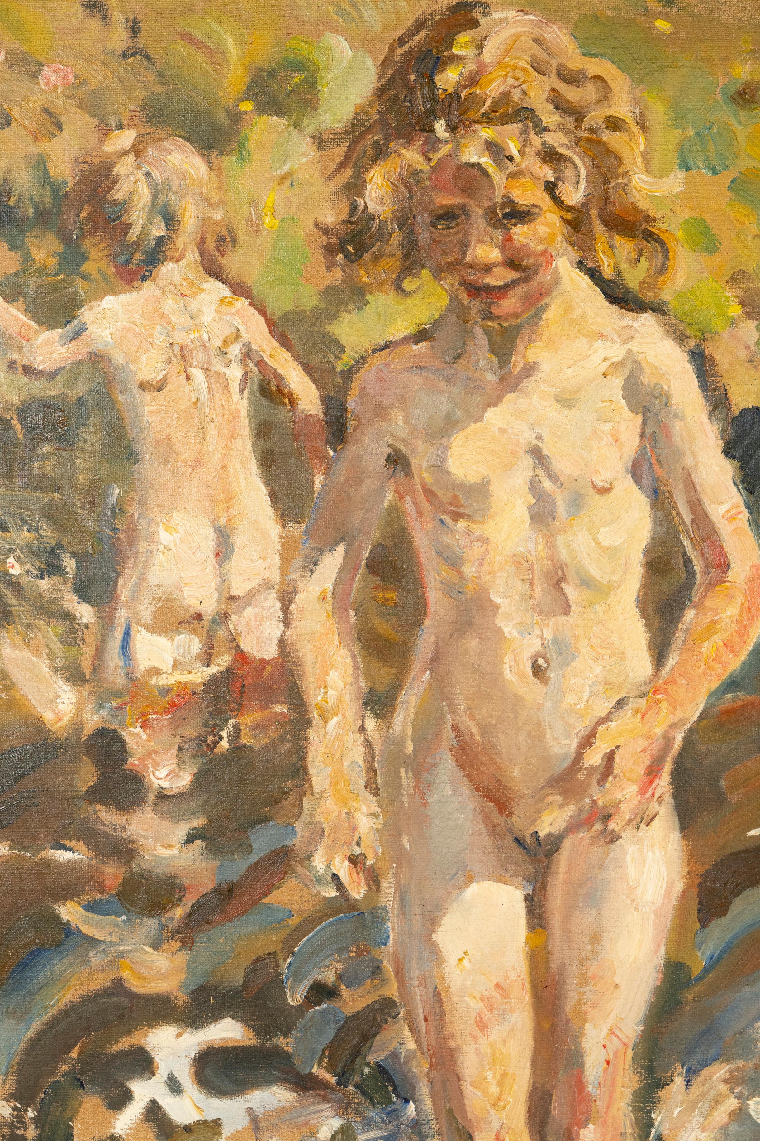 Moderne E.B. von Dülmen Krumpelmann, Enfants jouant dans une rivière à Drenthe, Pays-Bas en vente