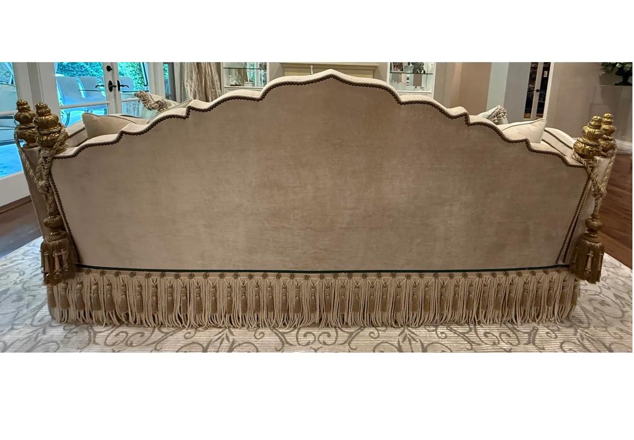 American Ebanista Carpello II Sofa Knole Sofa Settee Janet Yonaty Trim & Giltwood Finials For Sale