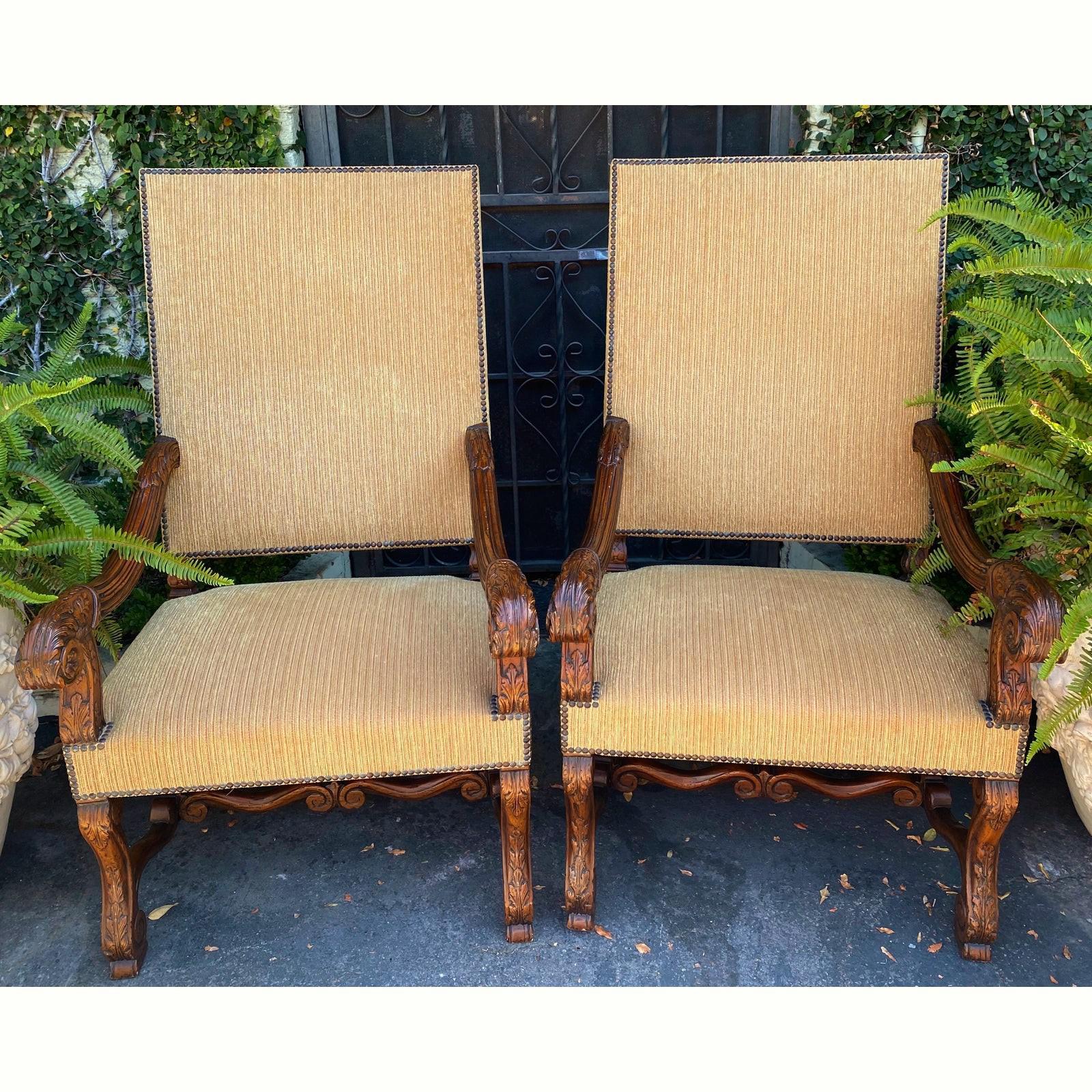 Mexican Ebanista Spanish Colonial Carved Walnut Throne Chairs, a Pair