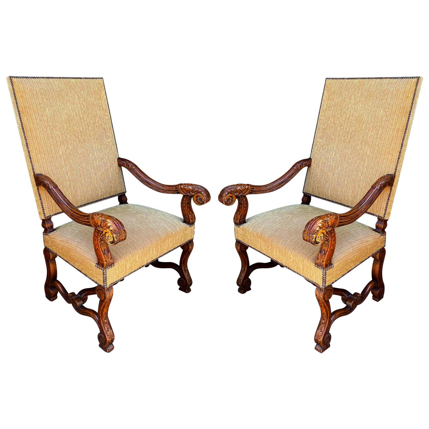Ebanista Spanish Colonial Carved Walnut Throne Chairs, a Pair