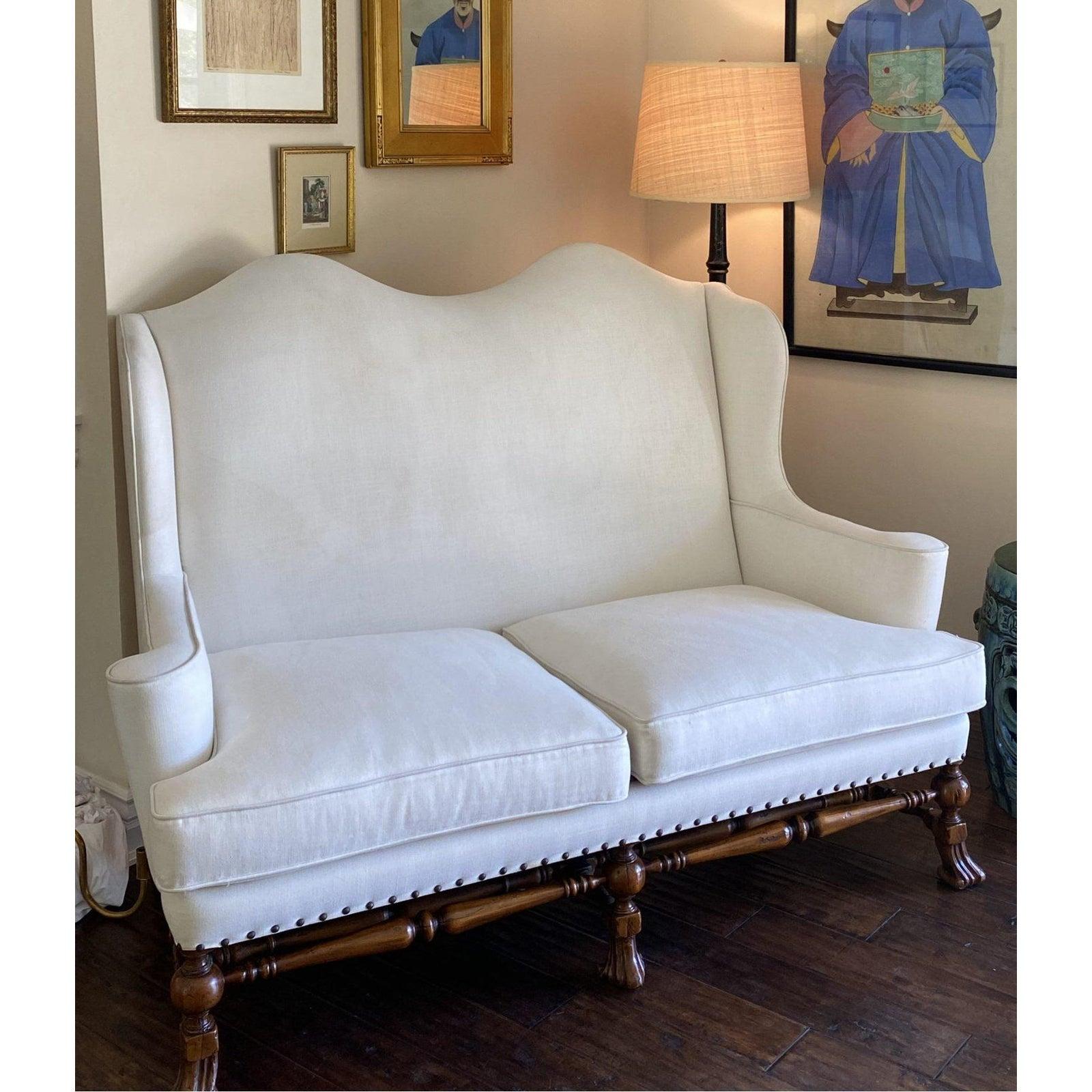 Ebanista William & Mary Walnut Wingback Sofa Settee by Alfonso Marina In Good Condition In LOS ANGELES, CA