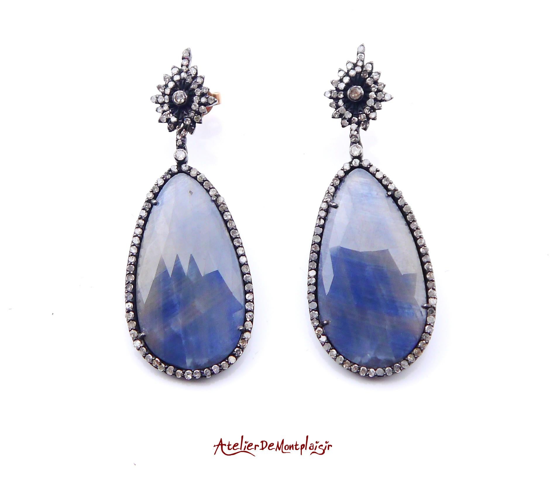 Taglio briolette Ebba von Brahe Orecchini 32ctw Zaffiro 2ctw Daimonds Argento / Oro 14K / 15gr in vendita