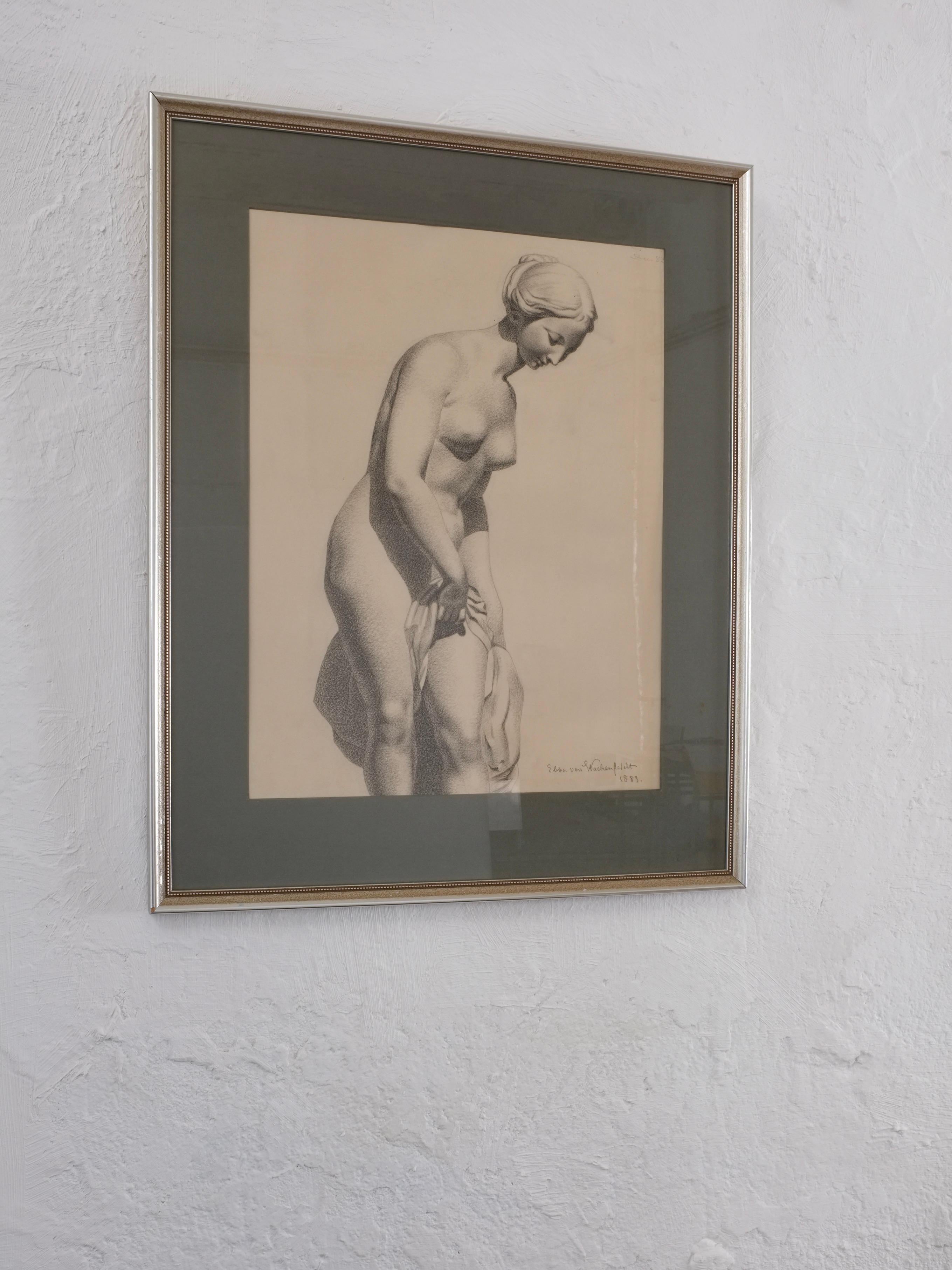 Antike akademische Kohlezeichnung auf Papier von Ebba von Wachenfeldt, signiert und datiert - 1883. Ebba von Wachenfeldt (1845-1929) ist eine schwedische Künstlerin aus dem 19. Jahrhundert, die vor allem für ihre Kohlezeichnungen und Arbeiten auf