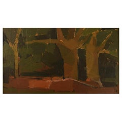 Ebbe Eberhardson, né en 1927, Suède, huile sur panneau, paysage moderniste, années 1960