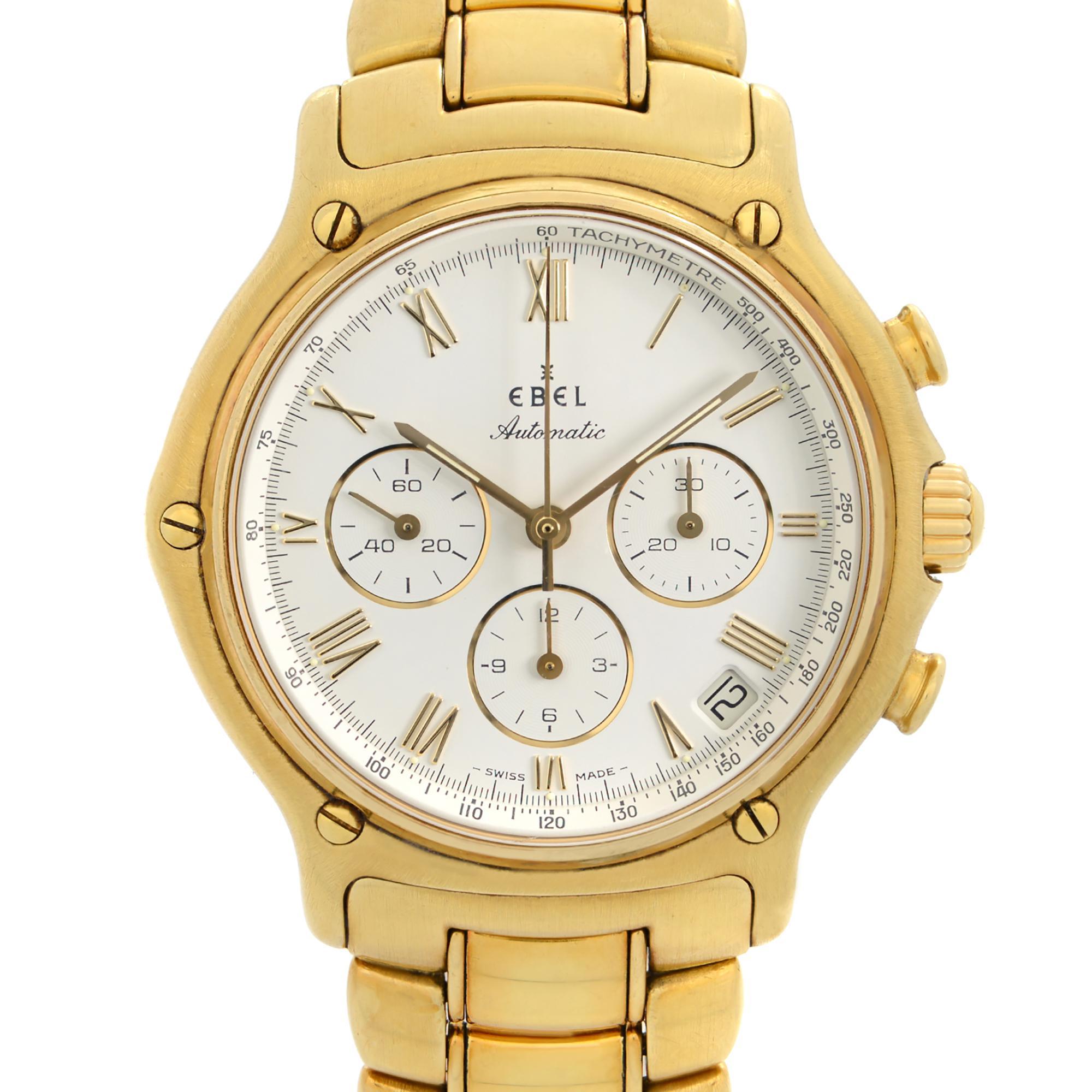 Pre-owned Ebel 1911 38mm Chronograph 18k Yellow Gold White Dial Automatic Men's Watch 8134901. This Beautiful Timepiece is Powered by an Automatic Movement and Features: 18k Yellow Gold Case and Bracelet, Fixed 18k Yellow Gold Bezel, White Dial with
