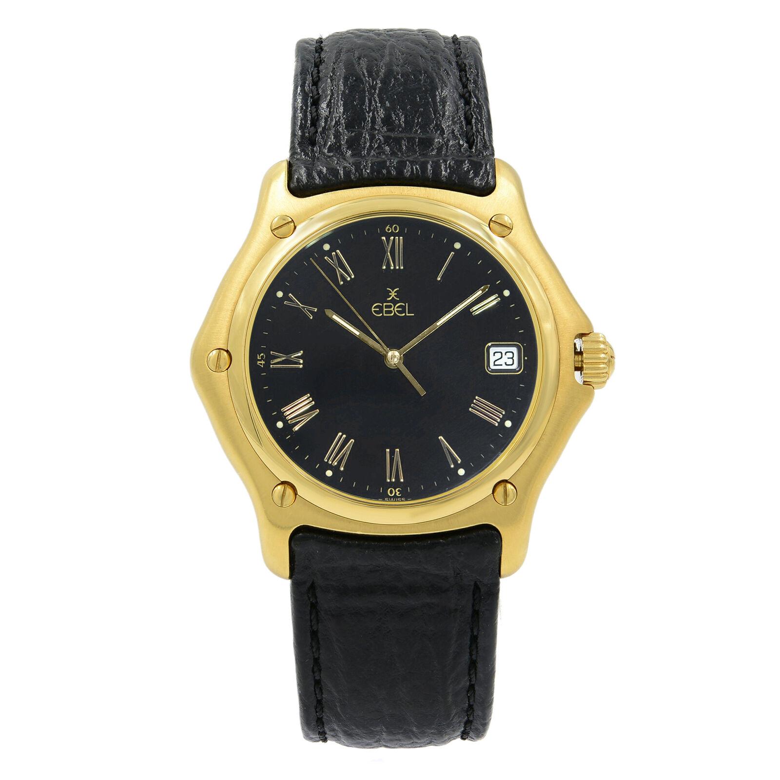 This pre-owned Ebel 1911 8187916 is a beautiful Unisex timepiece that is powered by a quartz movement which is cased in a yellow gold case. It has a round shape face, date dial and has hand roman numerals style markers. It is completed with a