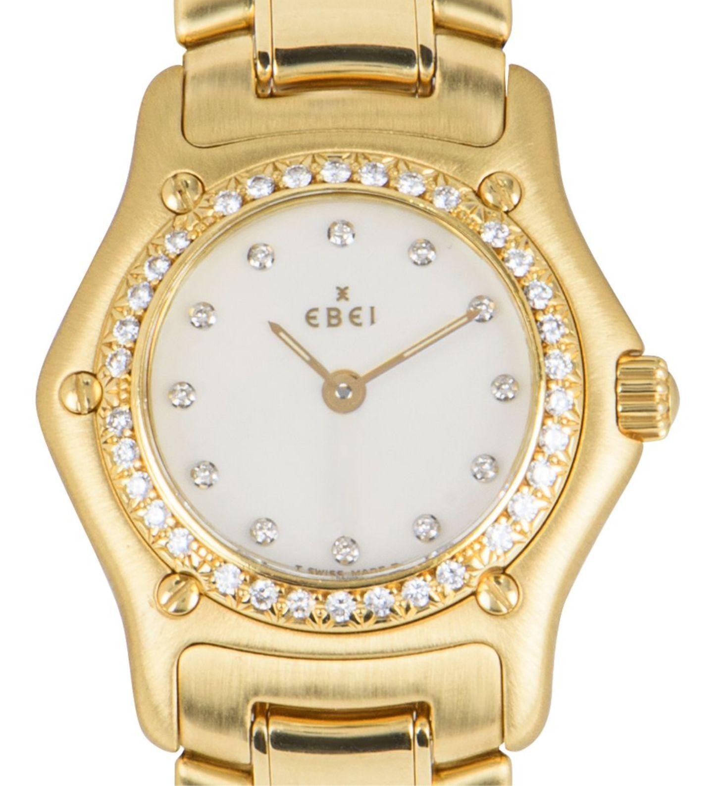 An Ebel 1911 women's wristwatch. 

Made from 18k yellow gold, the watch features a white mother of pearl dial set with applied diamond hour markers, a fixed 18k yellow gold bezel set with 34 round brilliant cut diamonds, an 18k yellow gold bracelet