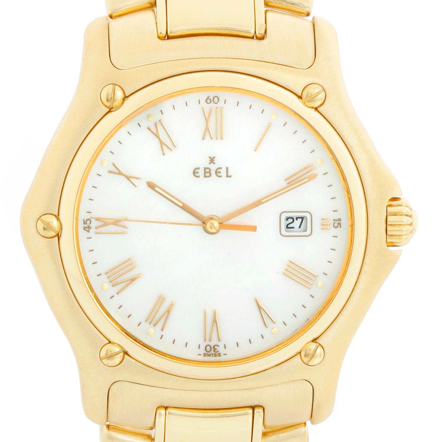 Ebel 1911 Mother of Pearl 18k Yellow Gold Automatic Watch - Automatic winding with date. 18k yellow gold case (34mm). Mother of Pearl dial with raised Roman numerals . 18k yellow gold Ebel bracelet will fit up to a 6 1/2 inch wrist . Pre-owned with