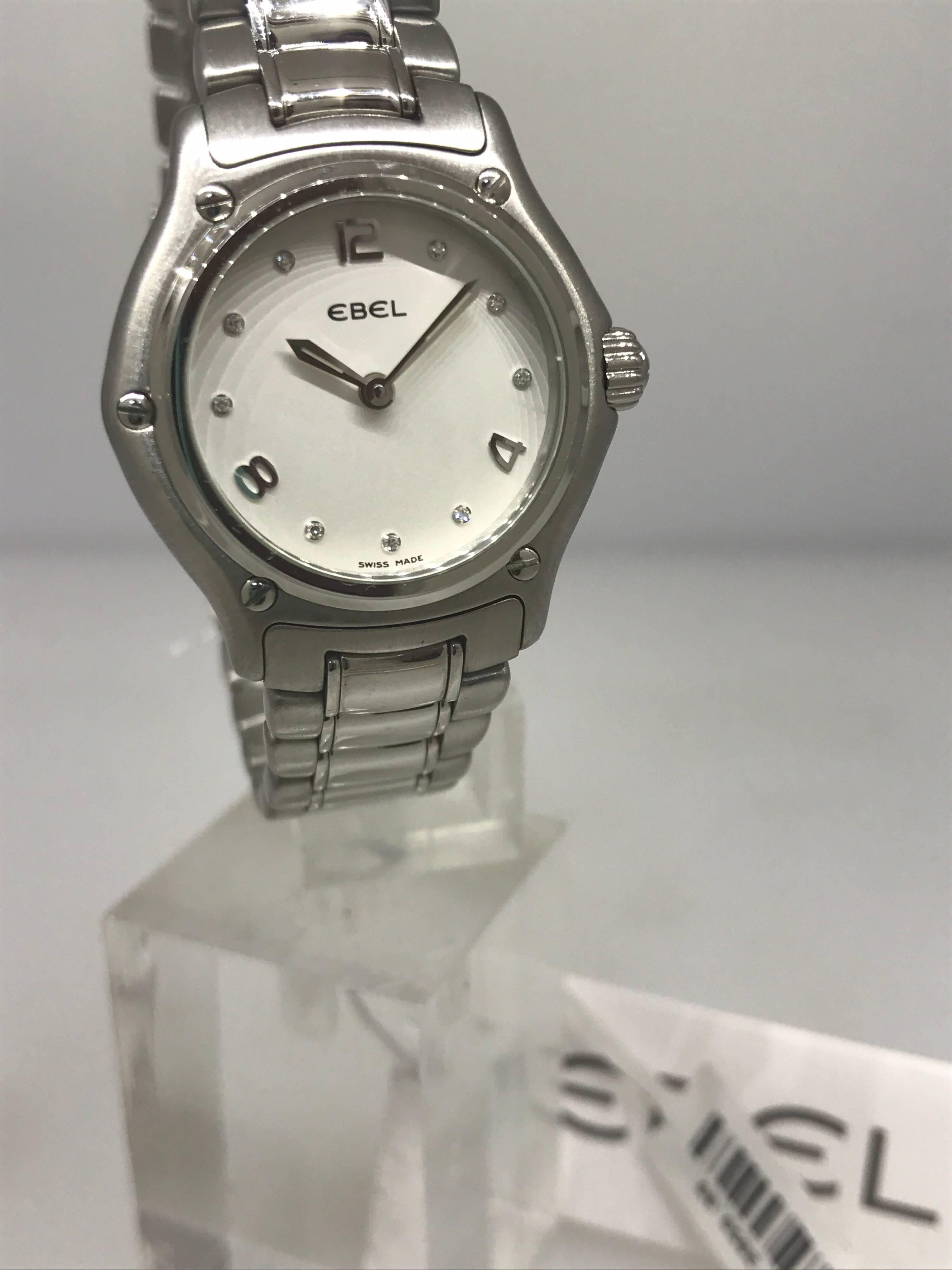 Ebel 1911 Ladies Watch

Model Number: 9090211/16865P

100% Authentic

Brand New (Old Stock)

Comes with original Ebel box, warranty card, and instruction manual

Stainless Steel Case & Bracelet

Silver Dial

Diamond and Arabic Numeral Hour