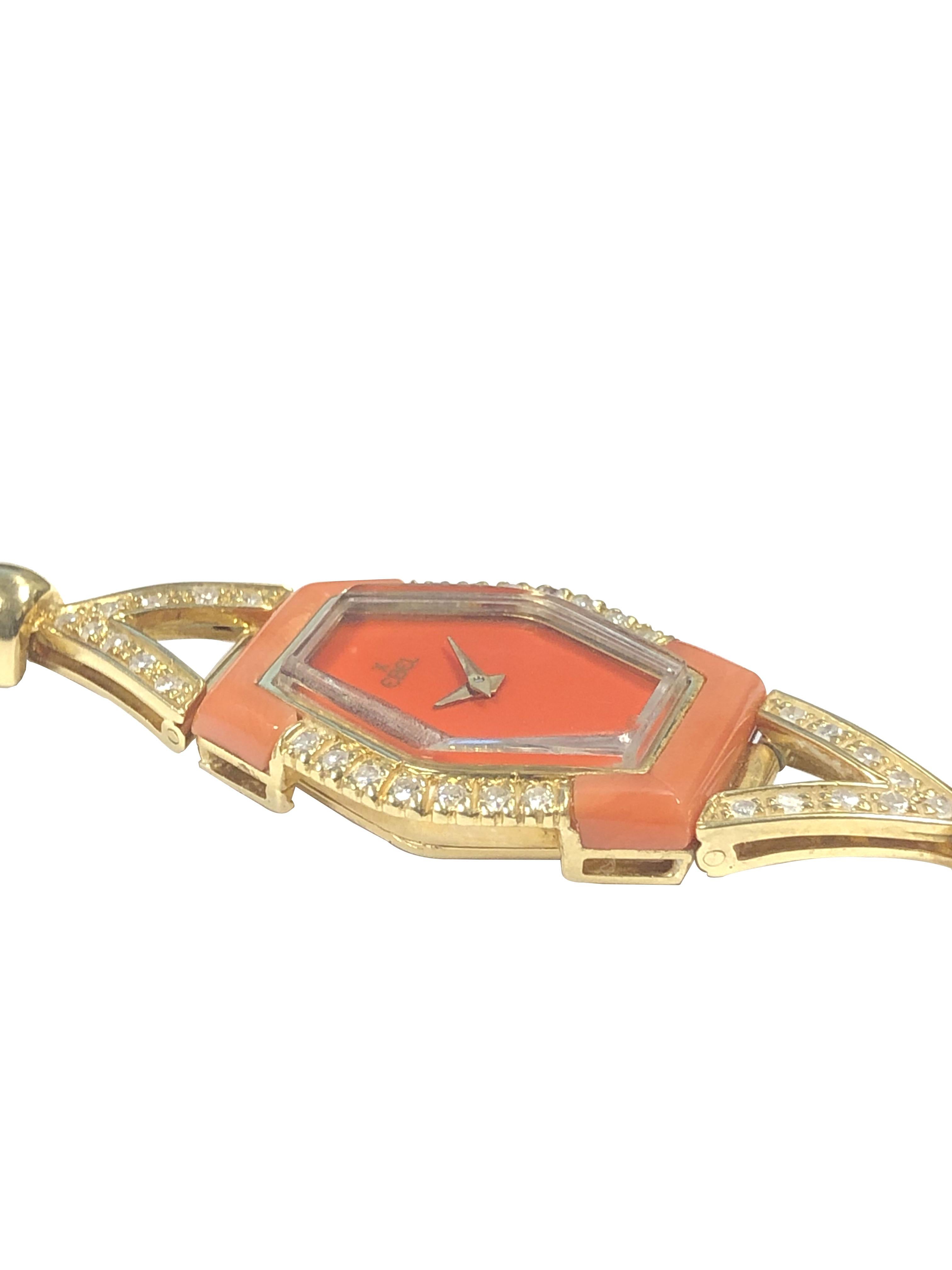Single Cut Ebel 1970s Yellow Gold Coral and Diamond Ladies mechanical Bracelet Watch