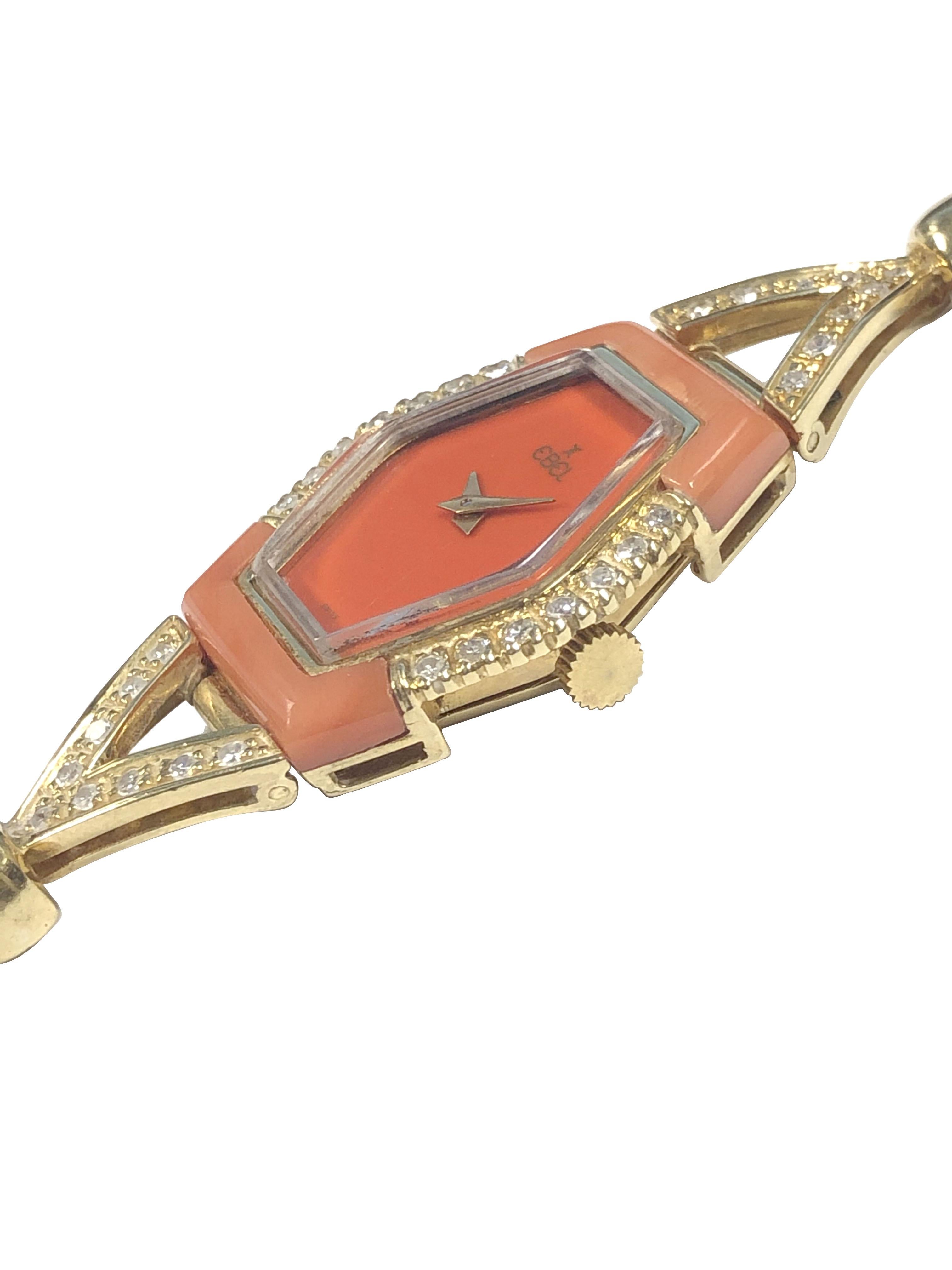 Ebel 1970s Yellow Gold Coral and Diamond Ladies mechanical Bracelet Watch In New Condition In Chicago, IL