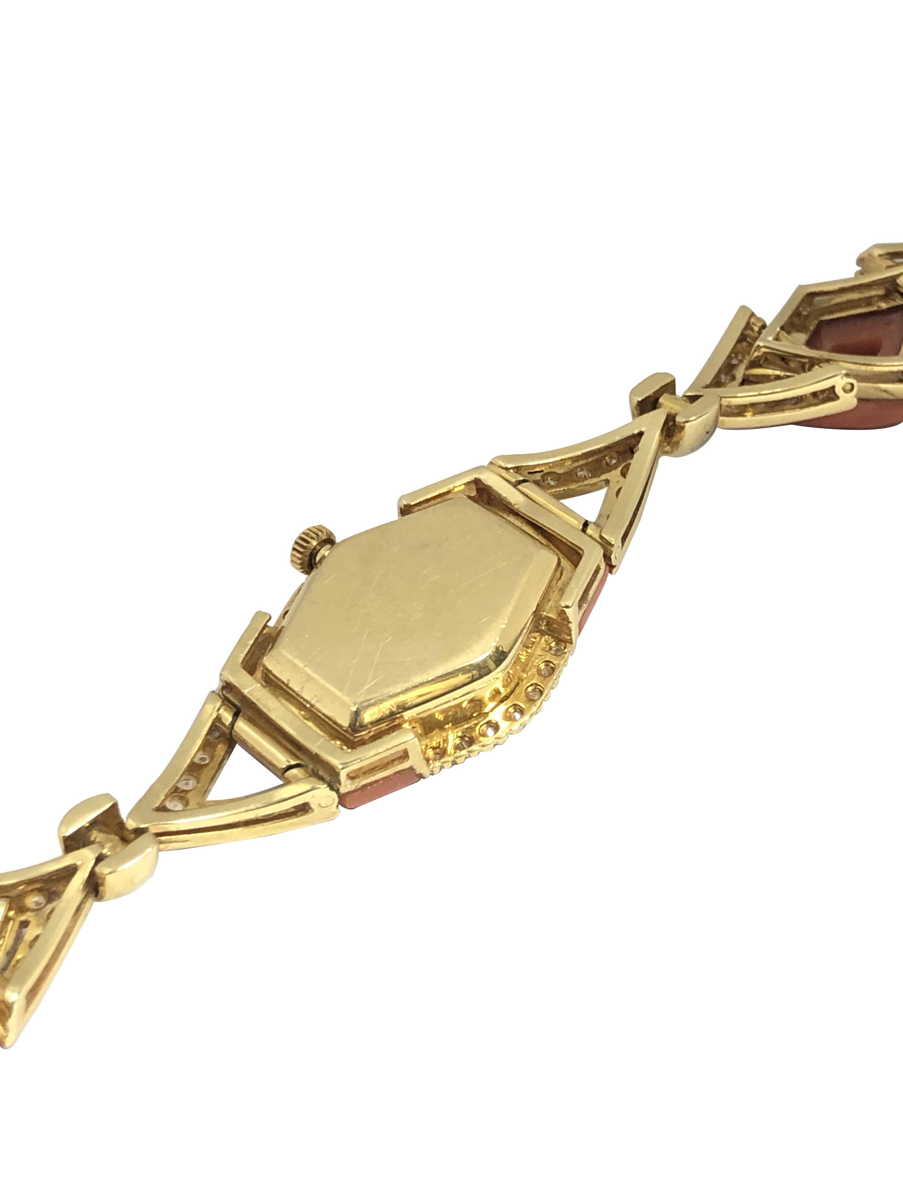 Women's Ebel 1970s Yellow Gold Coral and Diamond Ladies mechanical Bracelet Watch