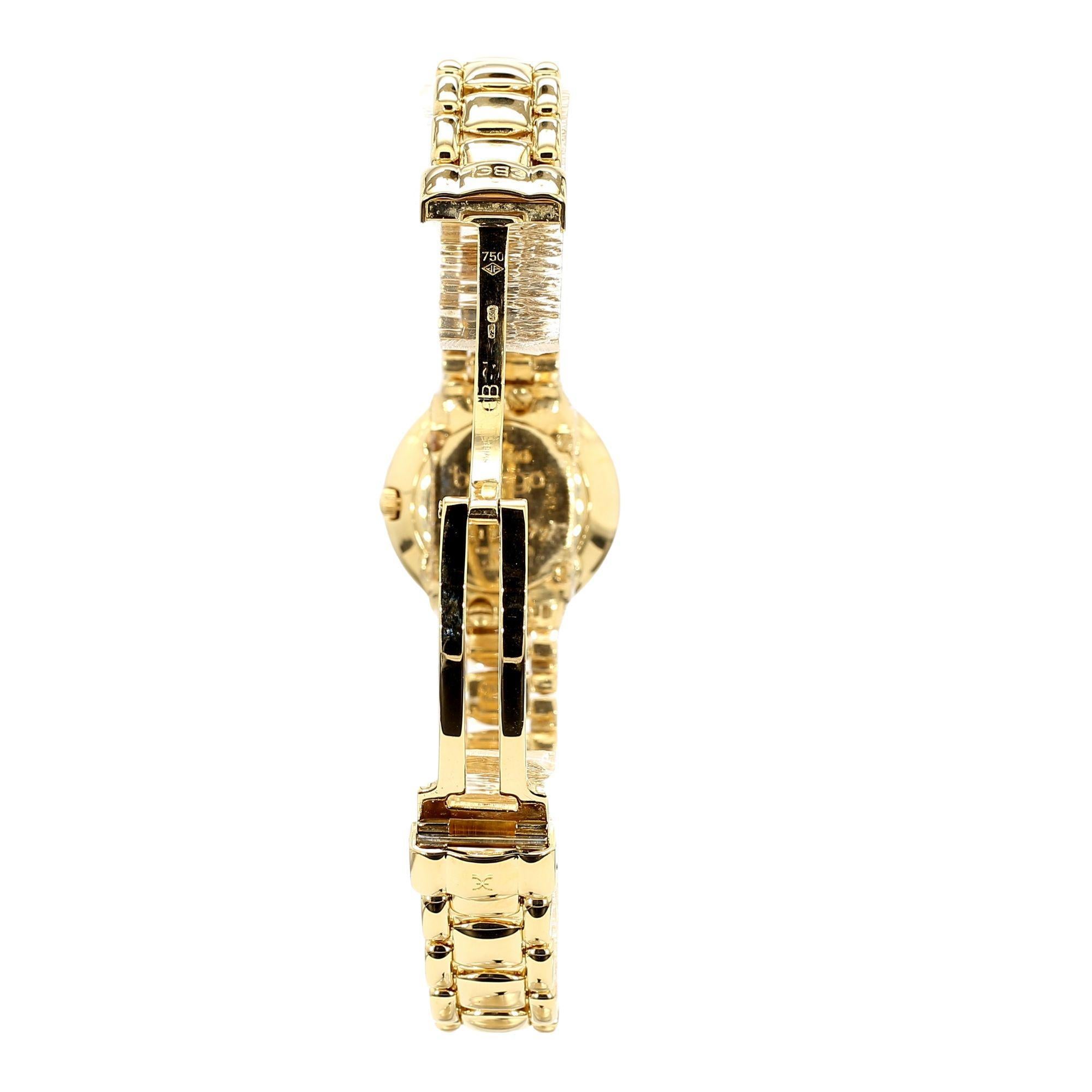 Montre à quartz pour femmes Ebel Beluga en or jaune 18 carats, avec boîtier de 24,5 mm, cadran en diamants noirs et bracelet intégré à motif de vagues. La montre mesure 6,75 pouces et est ajustable.

Cette montre est idéale pour les personnes qui
