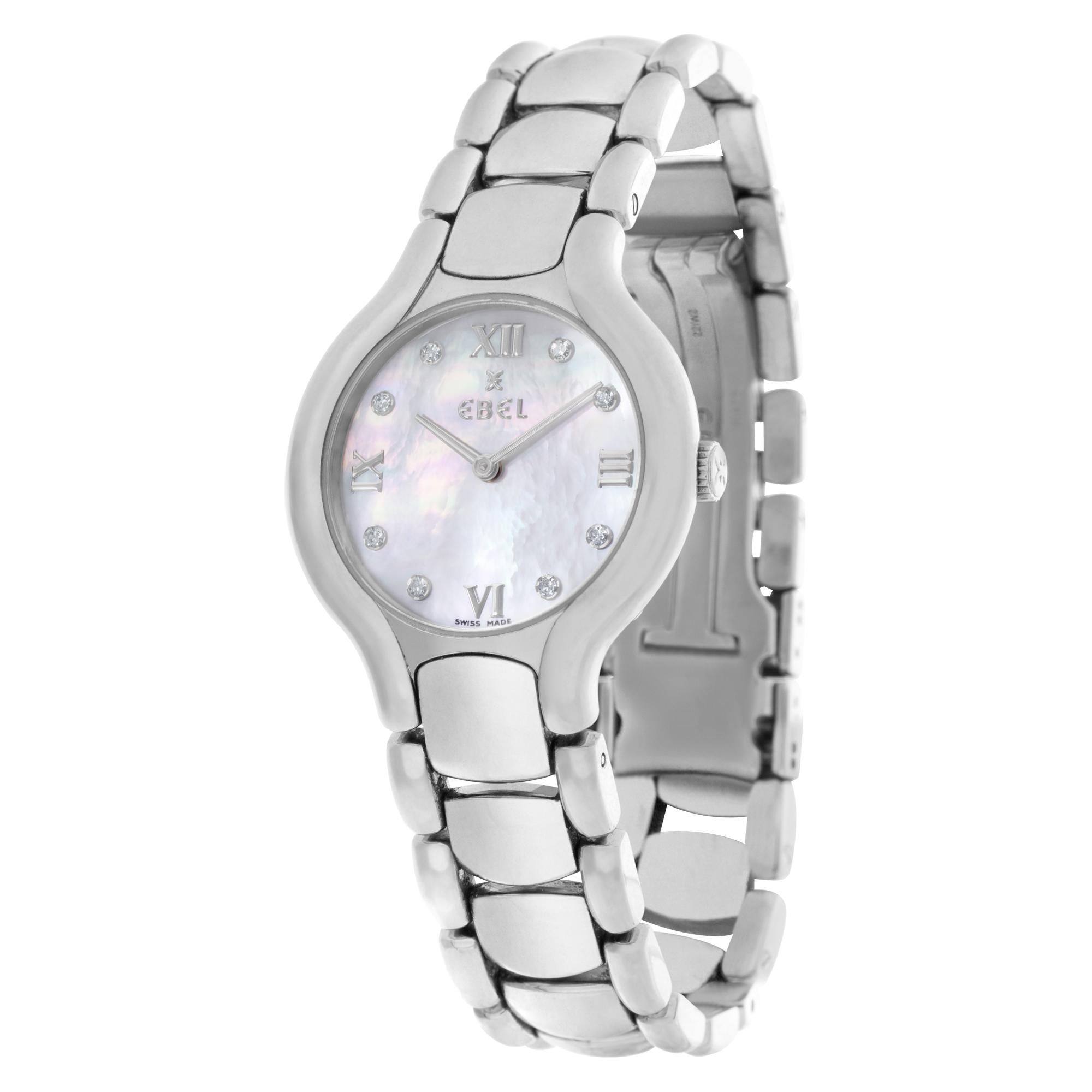 Ebel Beluga with Mother of Pearl diamond dial in stainless steel. Quartz. 28 mm case size. Ref E9157421. Circa 2000s. Fine Pre-owned Ebel Watch.

Certified preowned Classic Ebel Beluga E9157421 watch is made out of Stainless steel on a Stainless