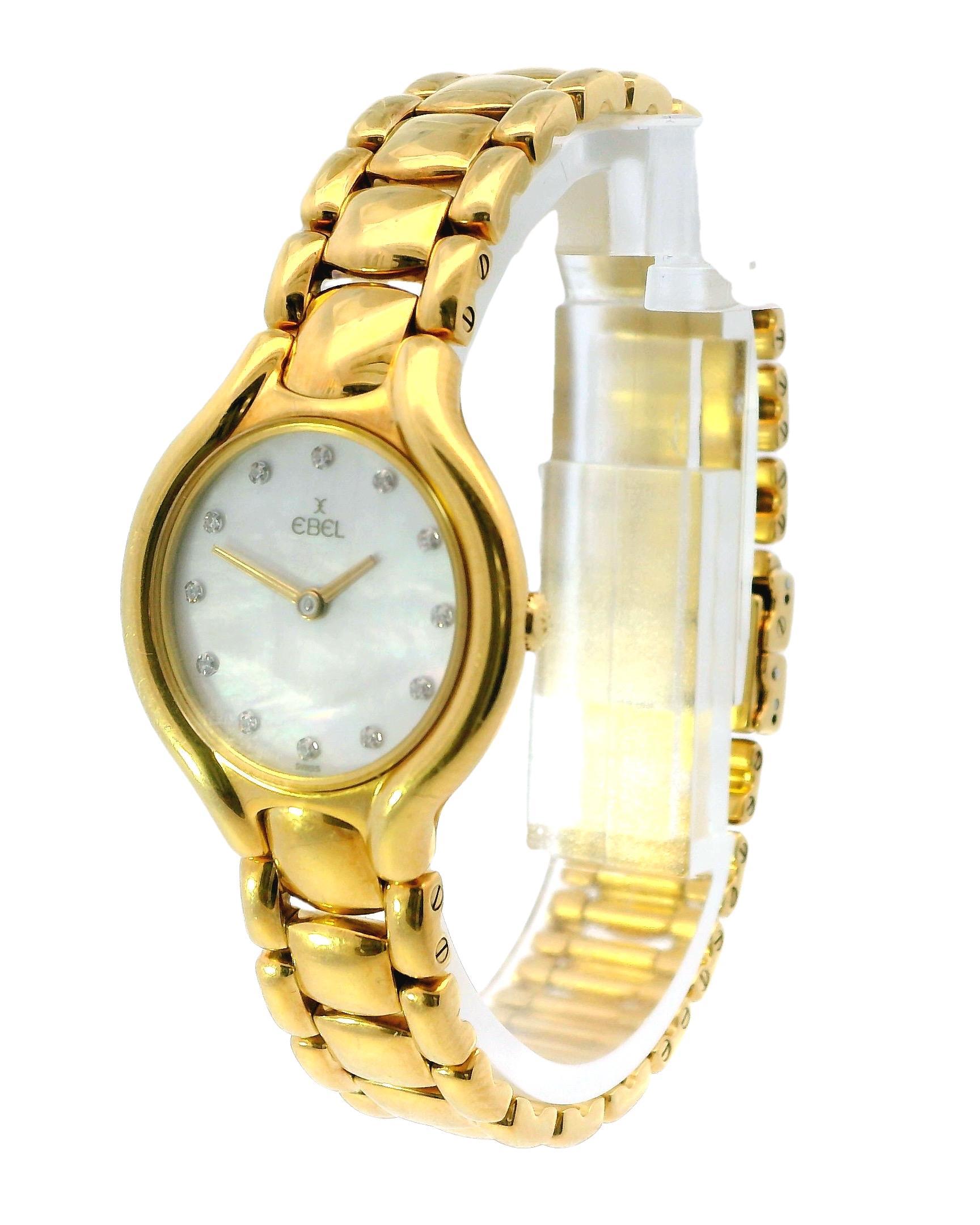 This exquisite Ebel Beluga watch features a luxurious 18k yellow gold construction, accentuated by a stunning Mother of Pearl dial adorned with diamonds hour marker. The small model boasts a compact 24mm case size, making it an elegant choice for