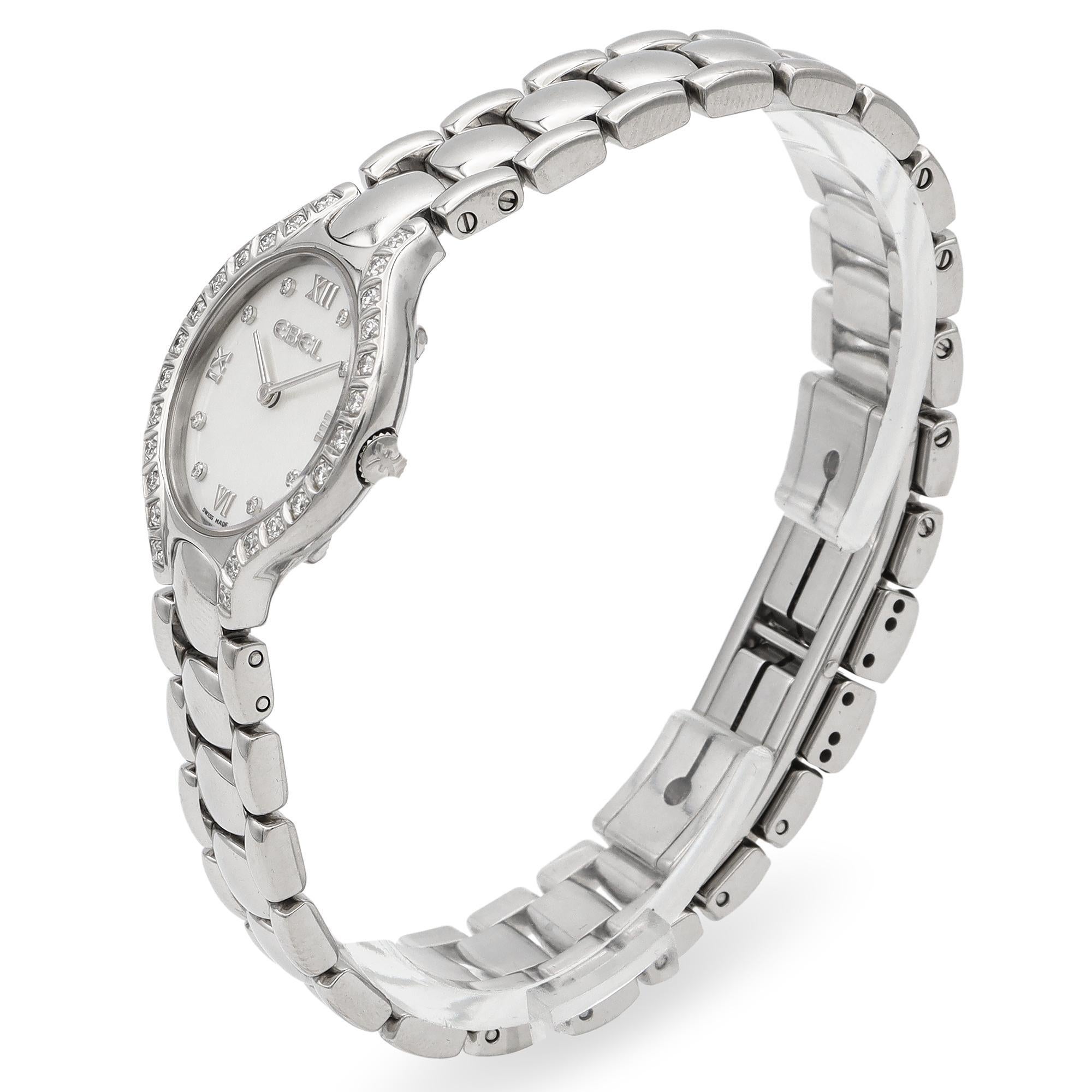 A refined Ebel watch, crafted in stainless steel, featuring a quartz movement. The bezel is adorned with white diamonds, complementing the mother of pearl dial. Roman numerals mark the hours, adding a touch of elegance. The bracelet is composed of